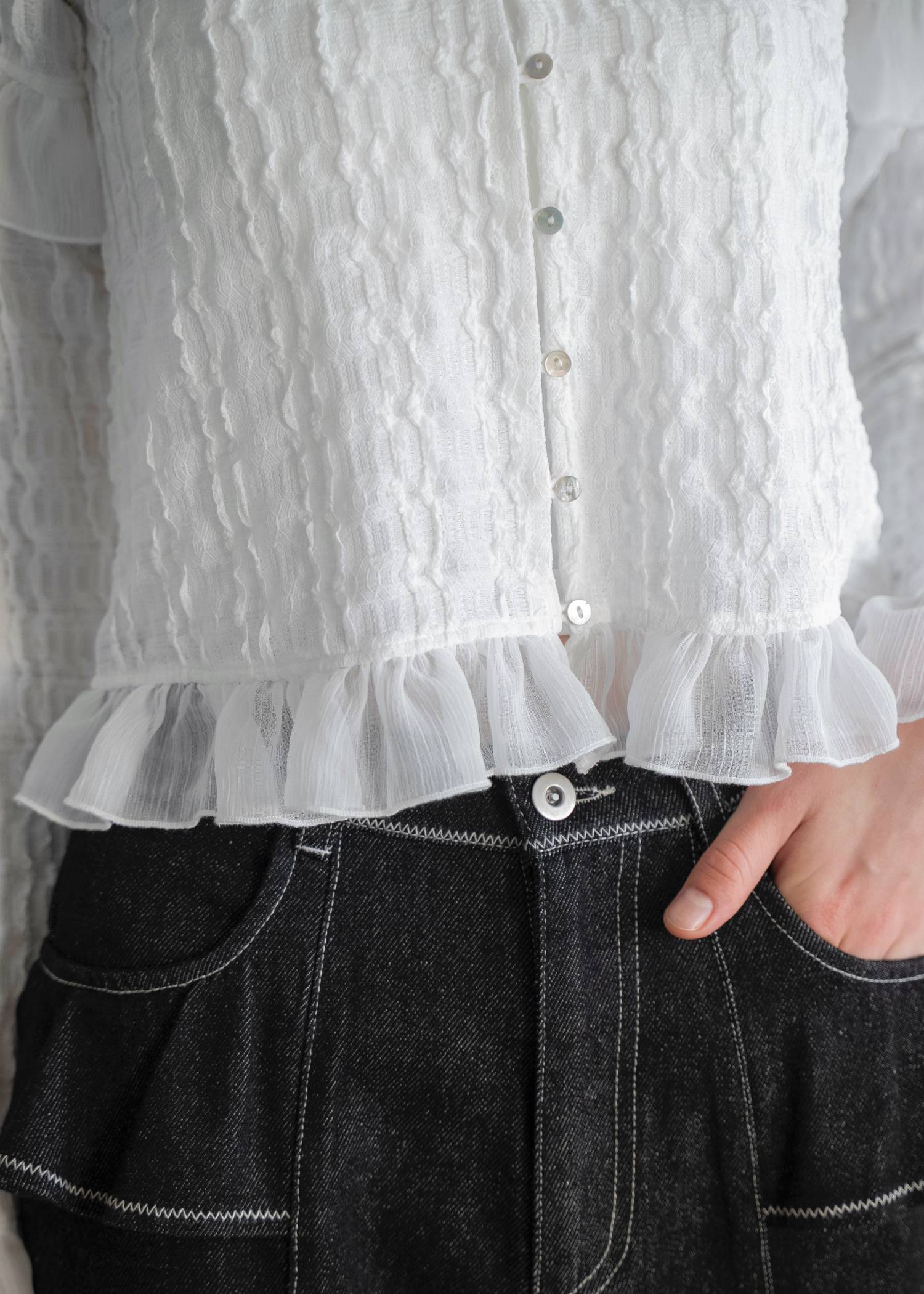 chiffon frill wave line shirring tops