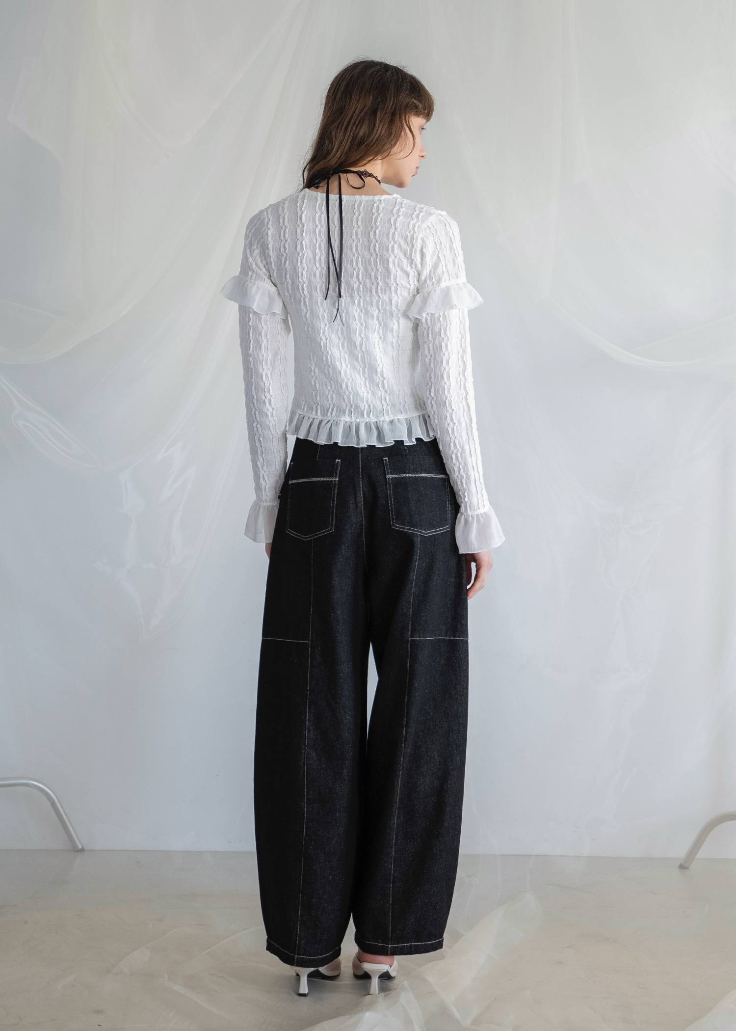 chiffon frill wave line shirring tops