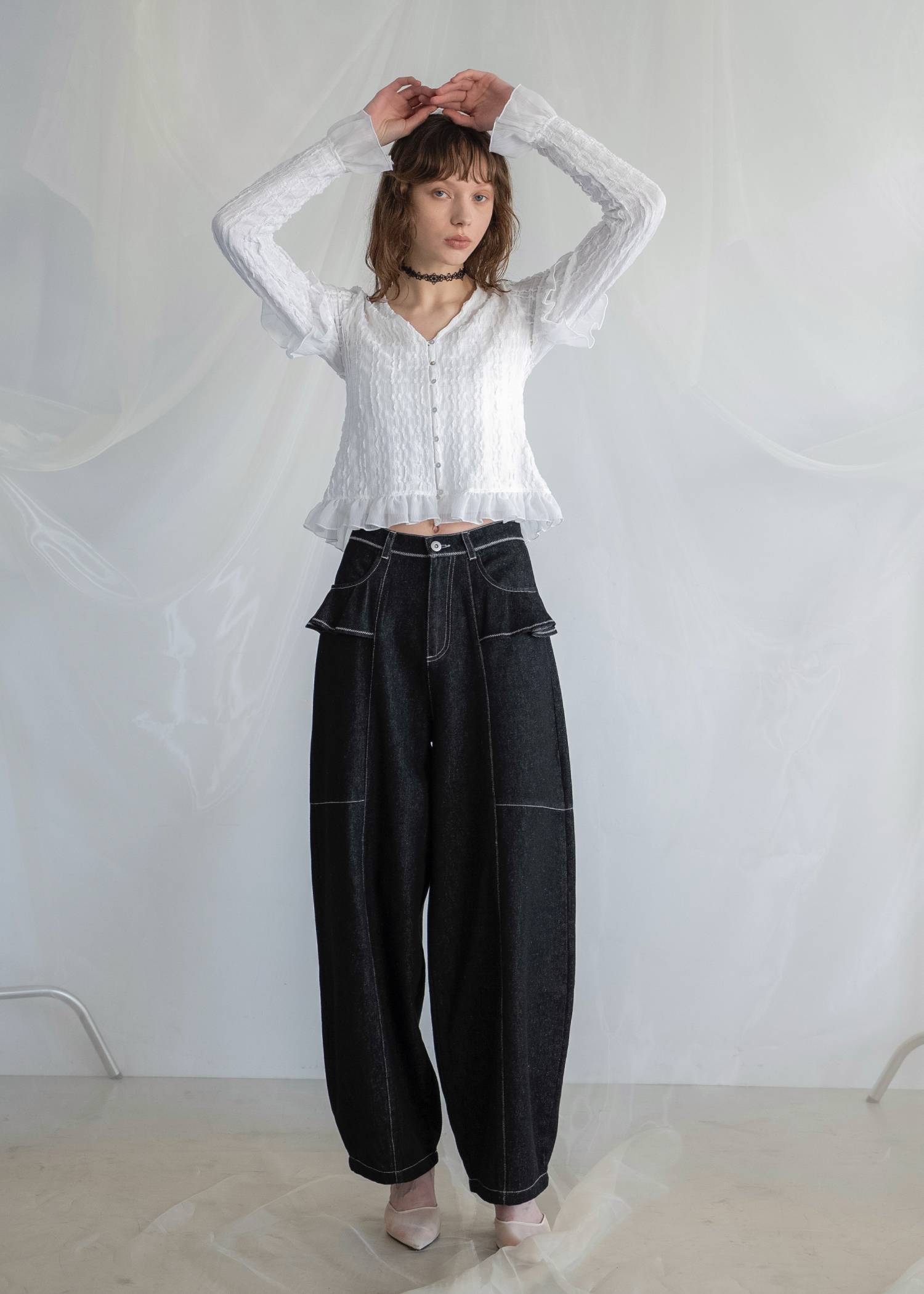 chiffon frill wave line shirring tops