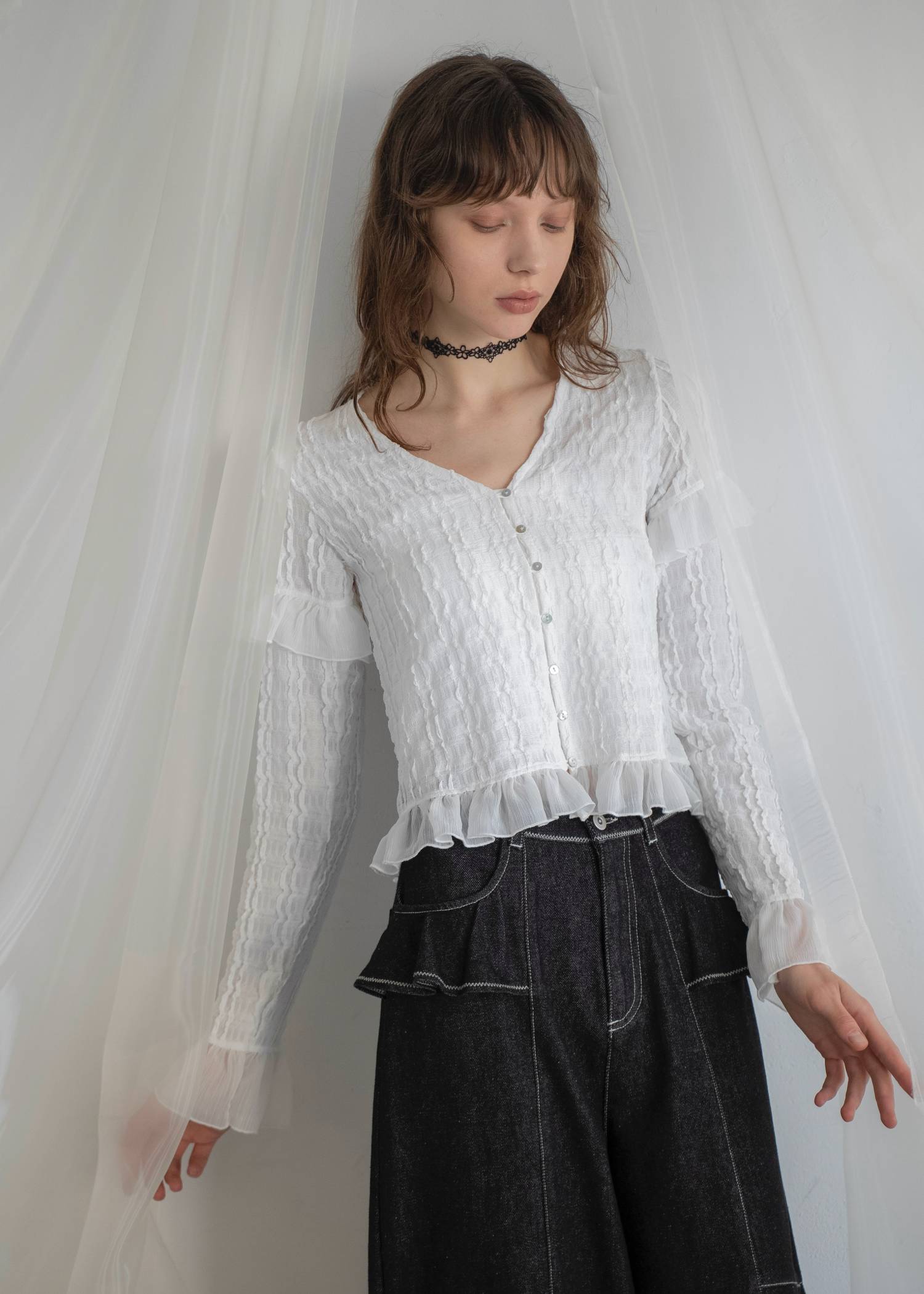 chiffon frill wave line shirring tops