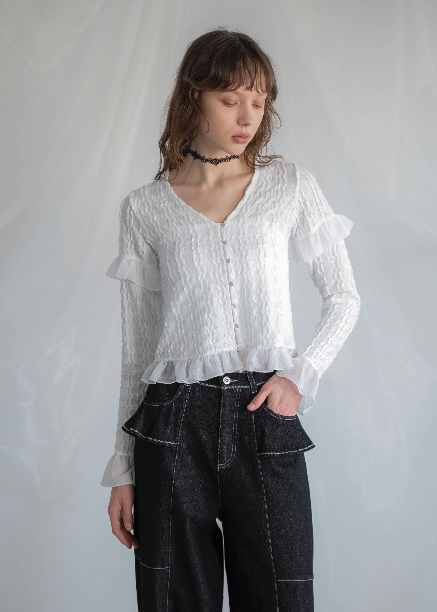 chiffon frill wave line shirring tops