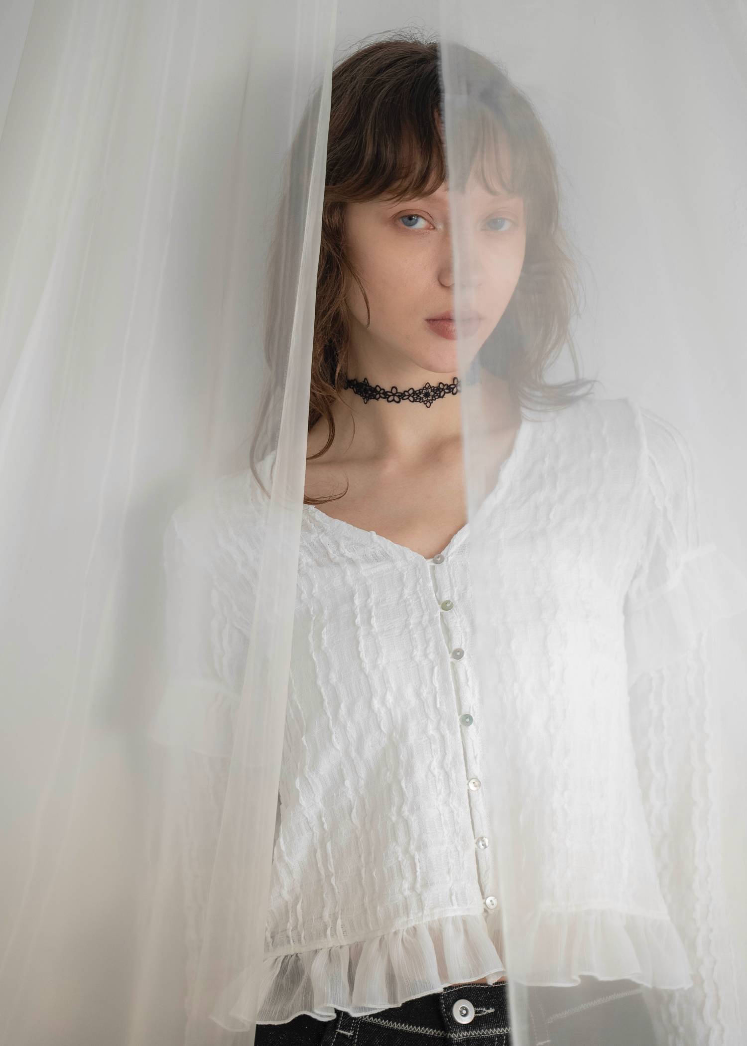 chiffon frill wave line shirring tops