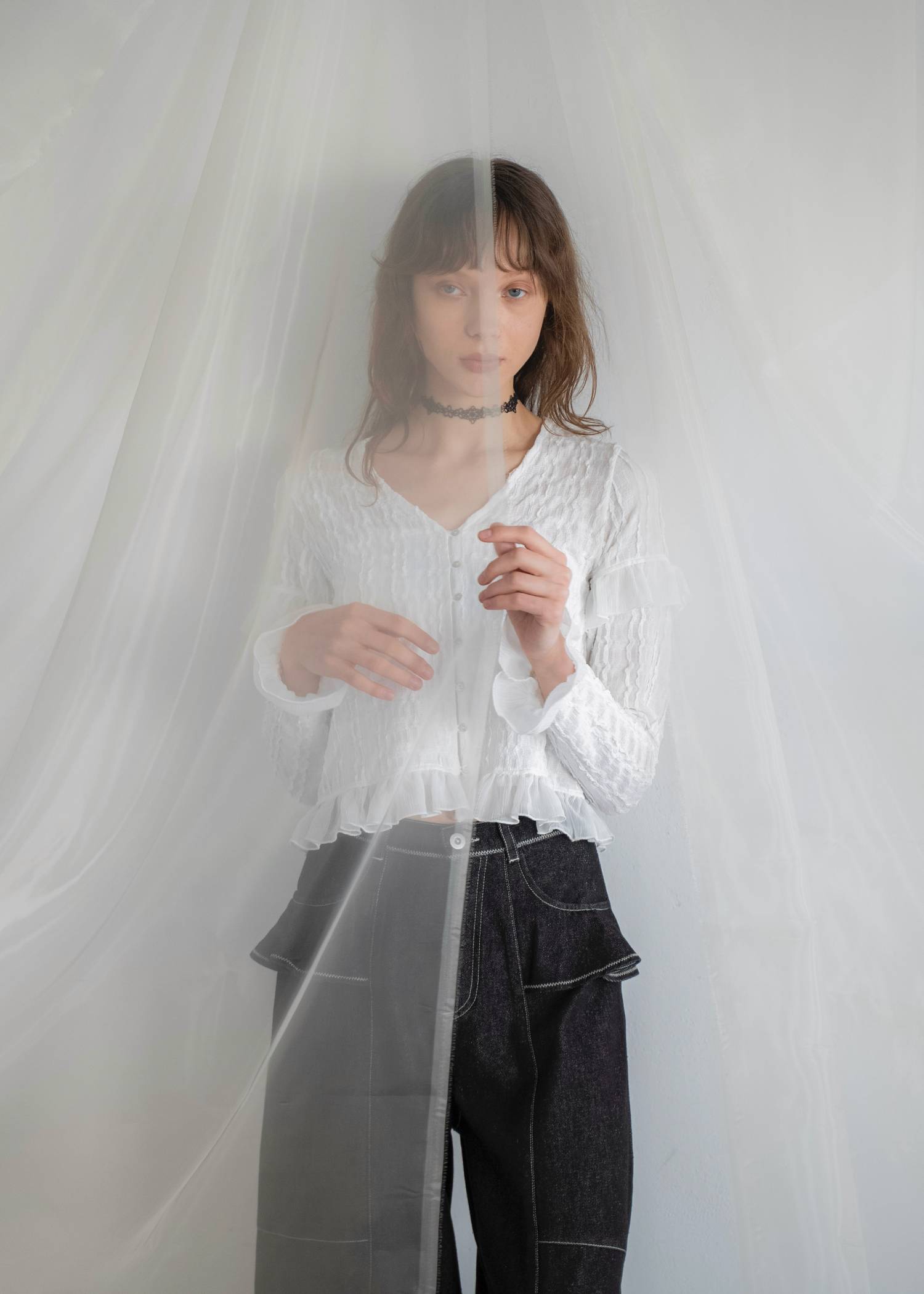 chiffon frill wave line shirring tops