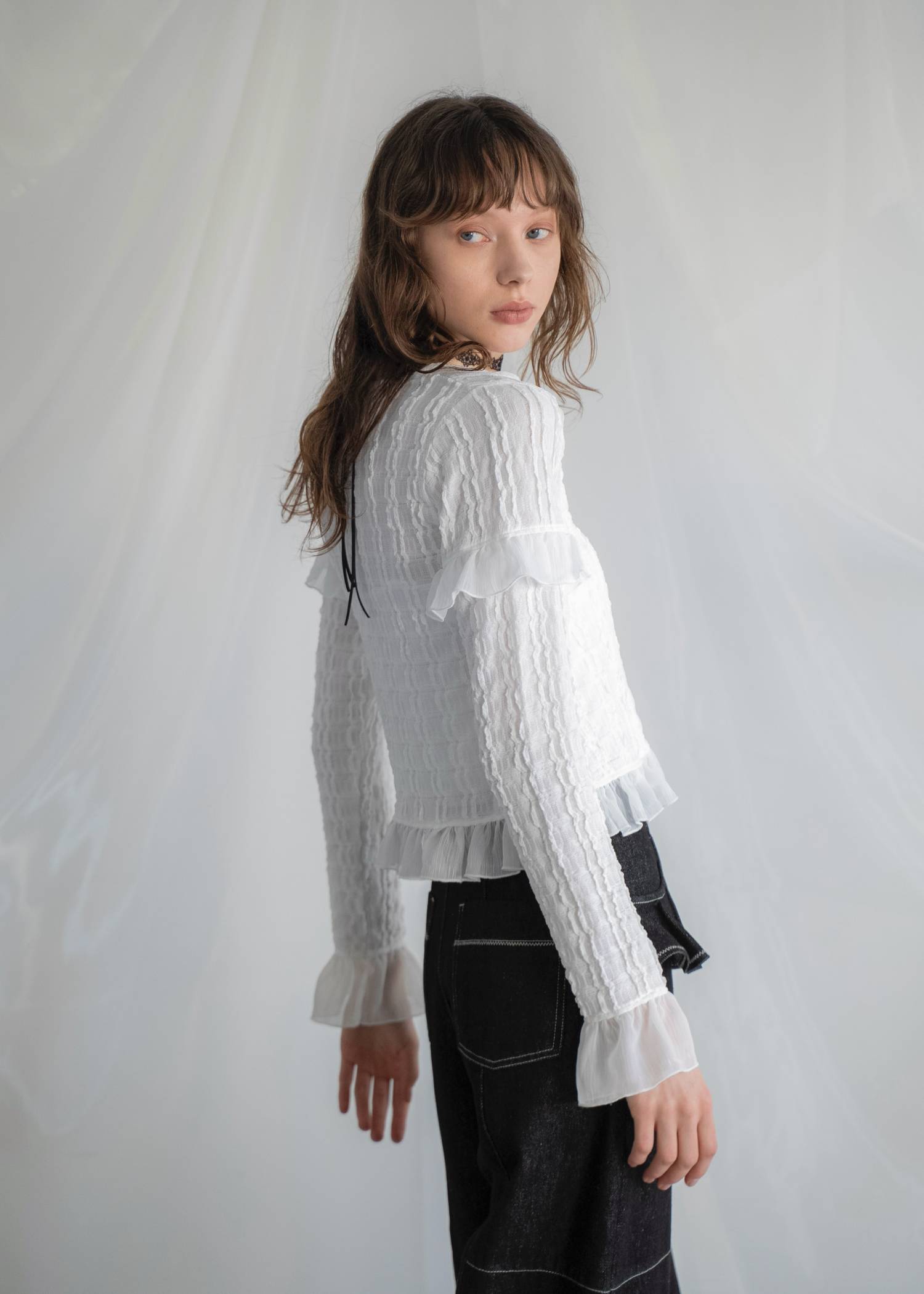 chiffon frill wave line shirring tops