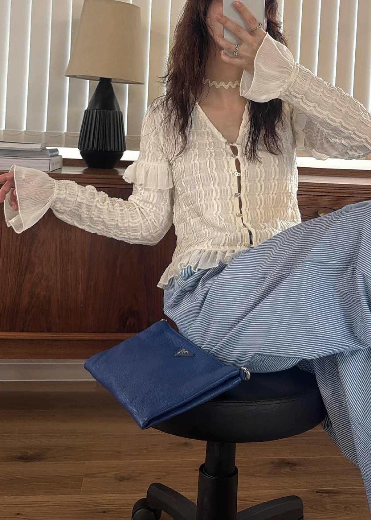 chiffon frill wave line shirring tops