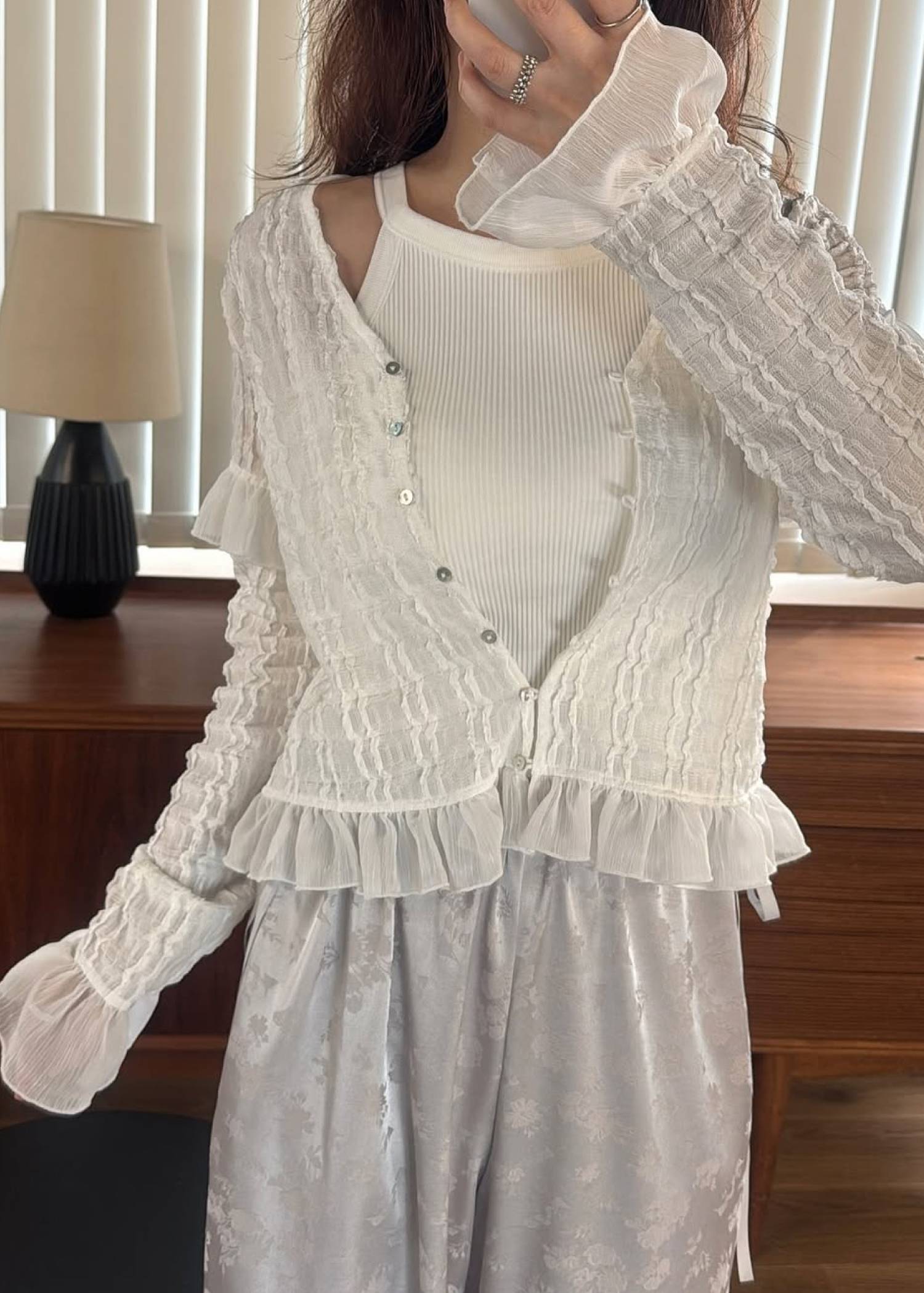 chiffon frill wave line shirring tops