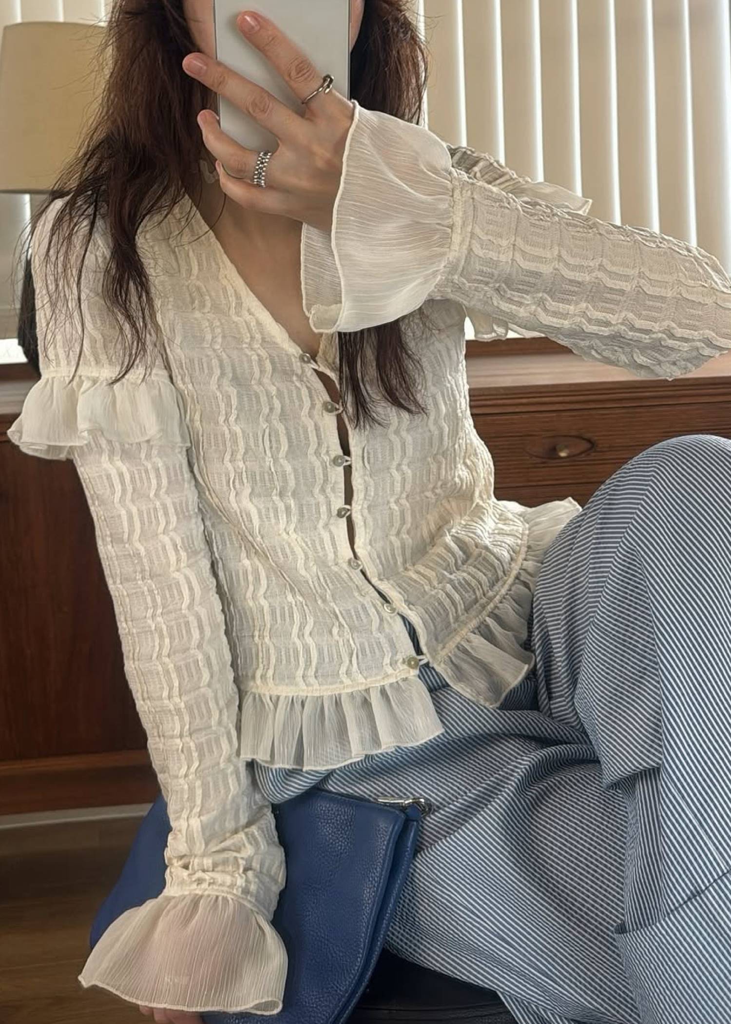 chiffon frill wave line shirring tops