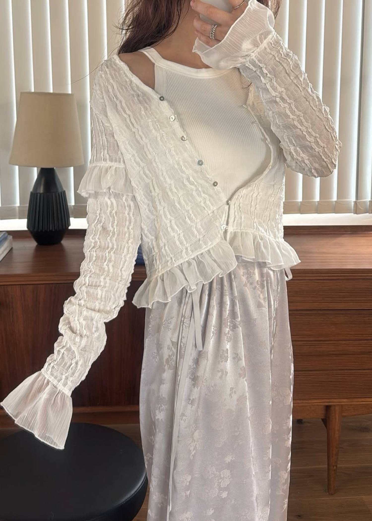 chiffon frill wave line shirring tops