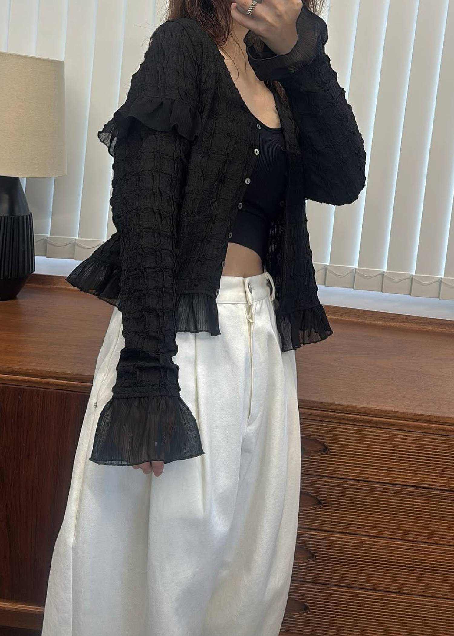 chiffon frill wave line shirring tops