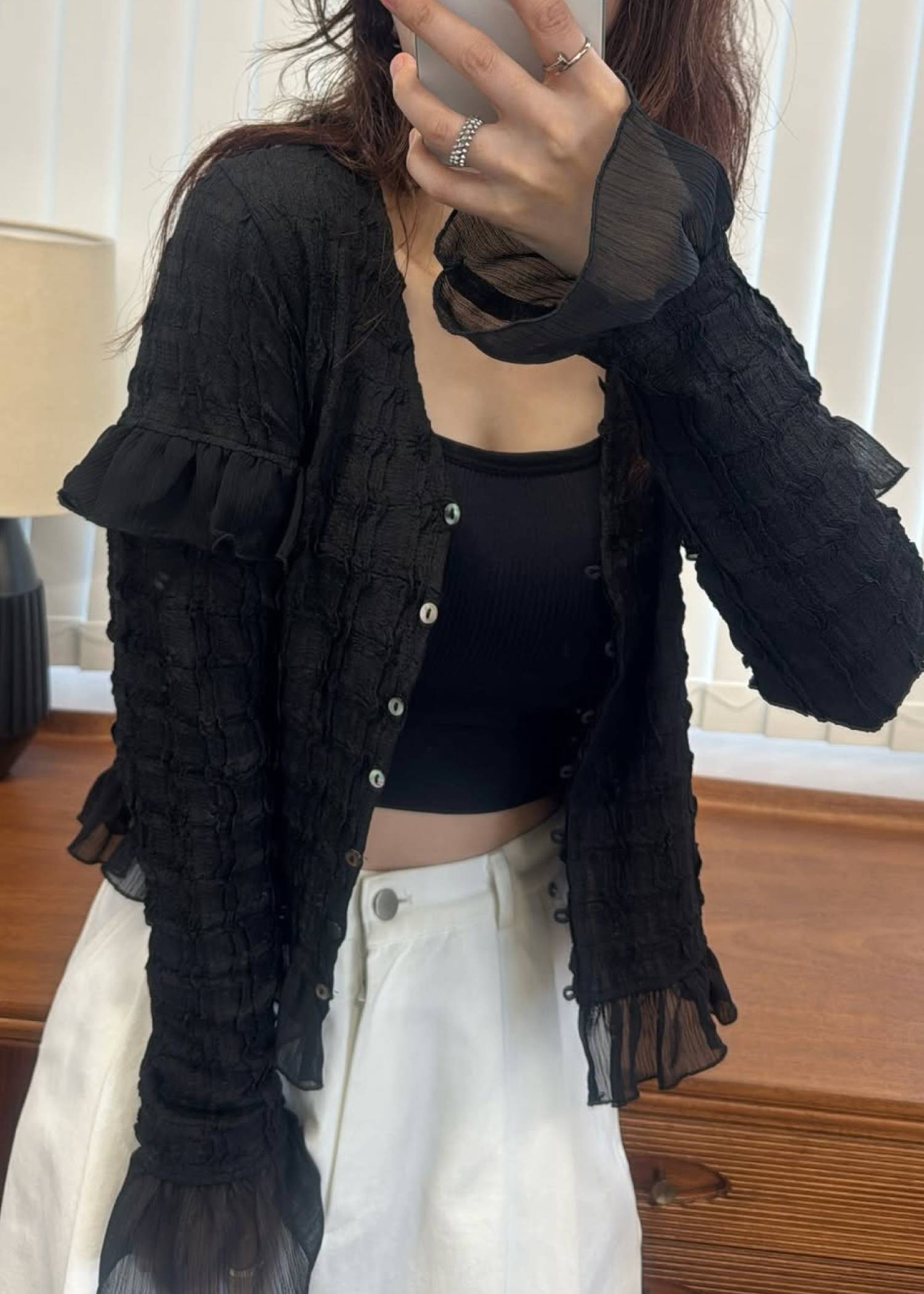 chiffon frill wave line shirring tops