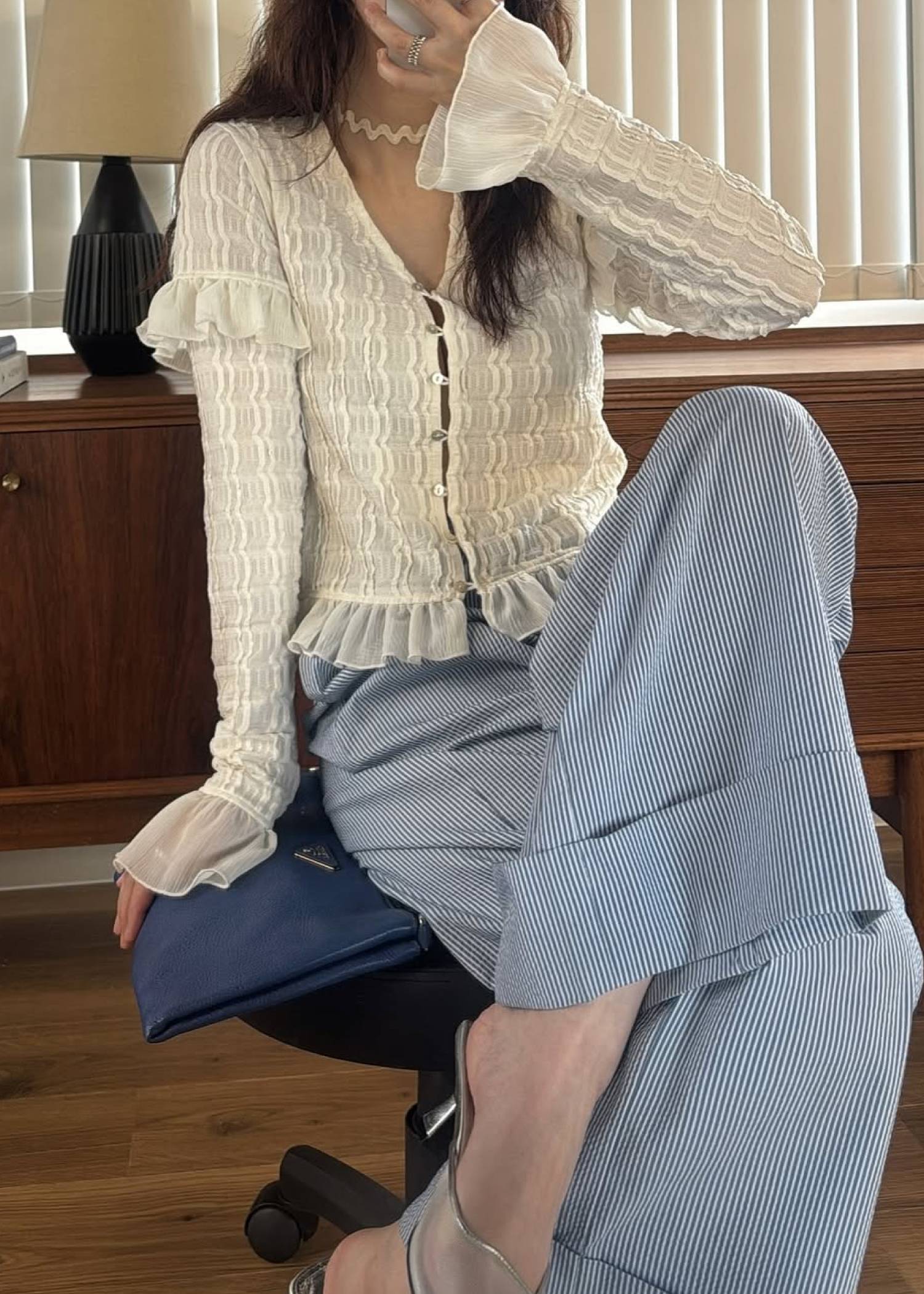 chiffon frill wave line shirring tops