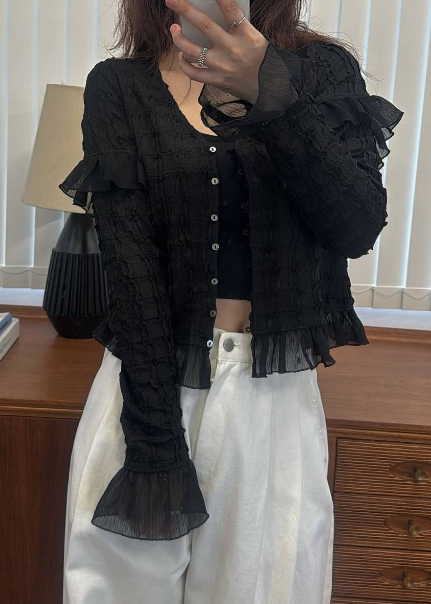 chiffon frill wave line shirring tops