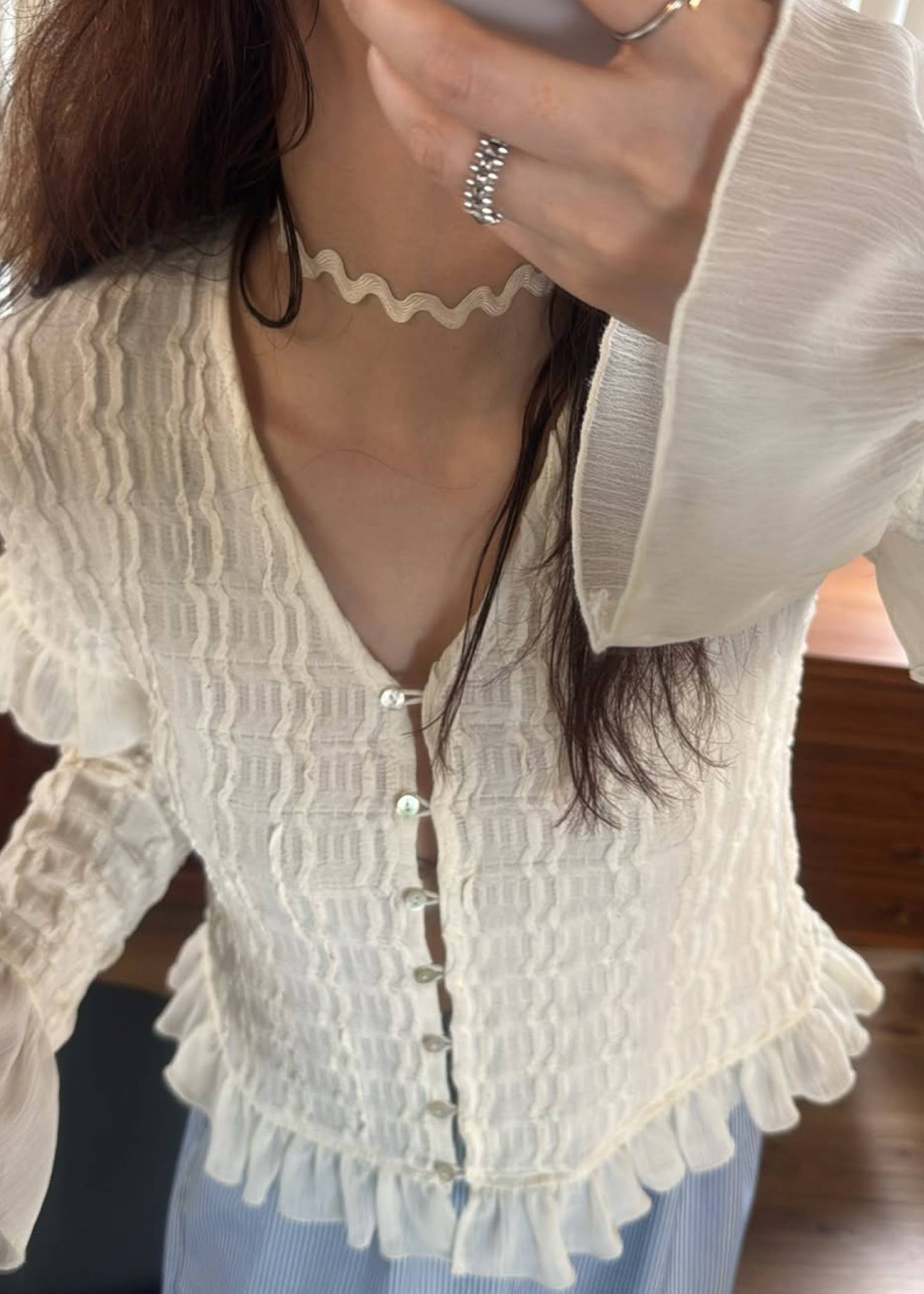 chiffon frill wave line shirring tops