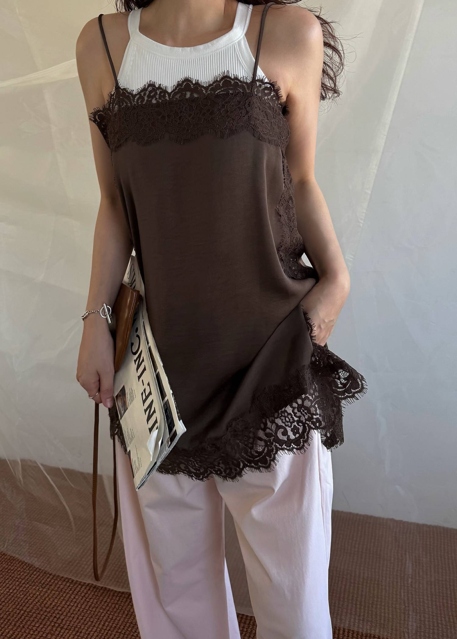 side lace satin square camisole