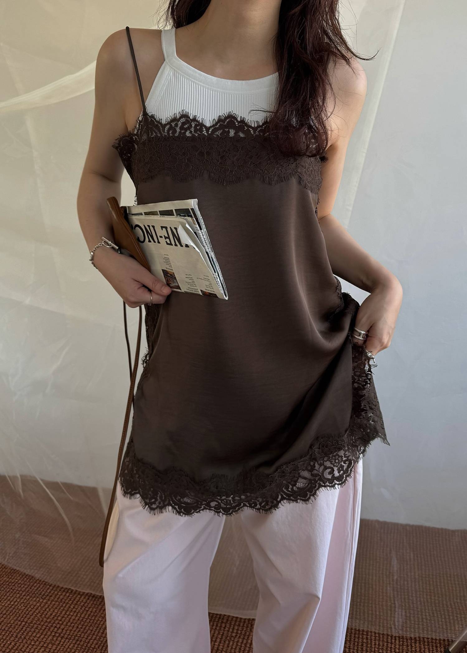 side lace satin square camisole