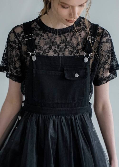 sheer floral pleated lace T-shirt