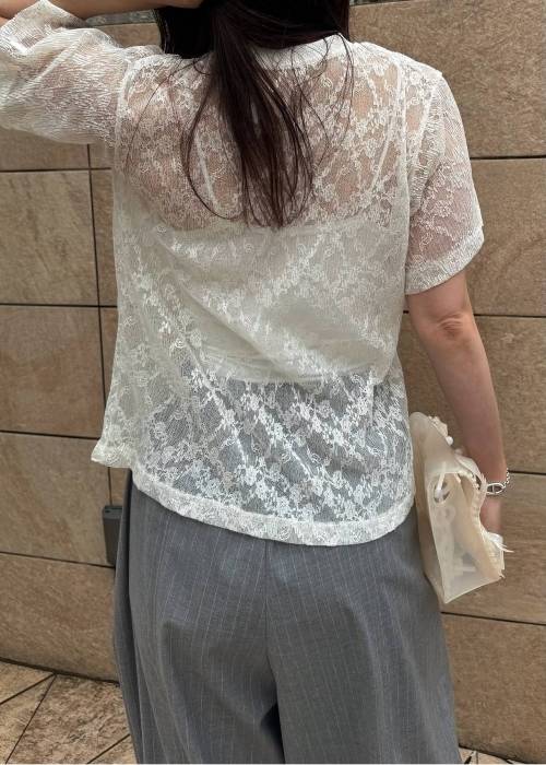 sheer floral pleated lace T-shirt