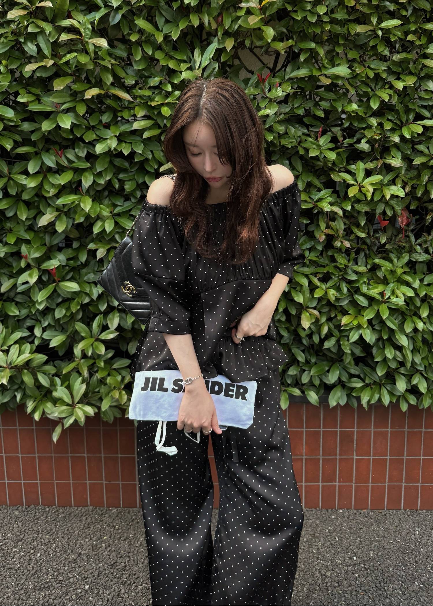 satin polka dot off shoulder lantern sleeve BL