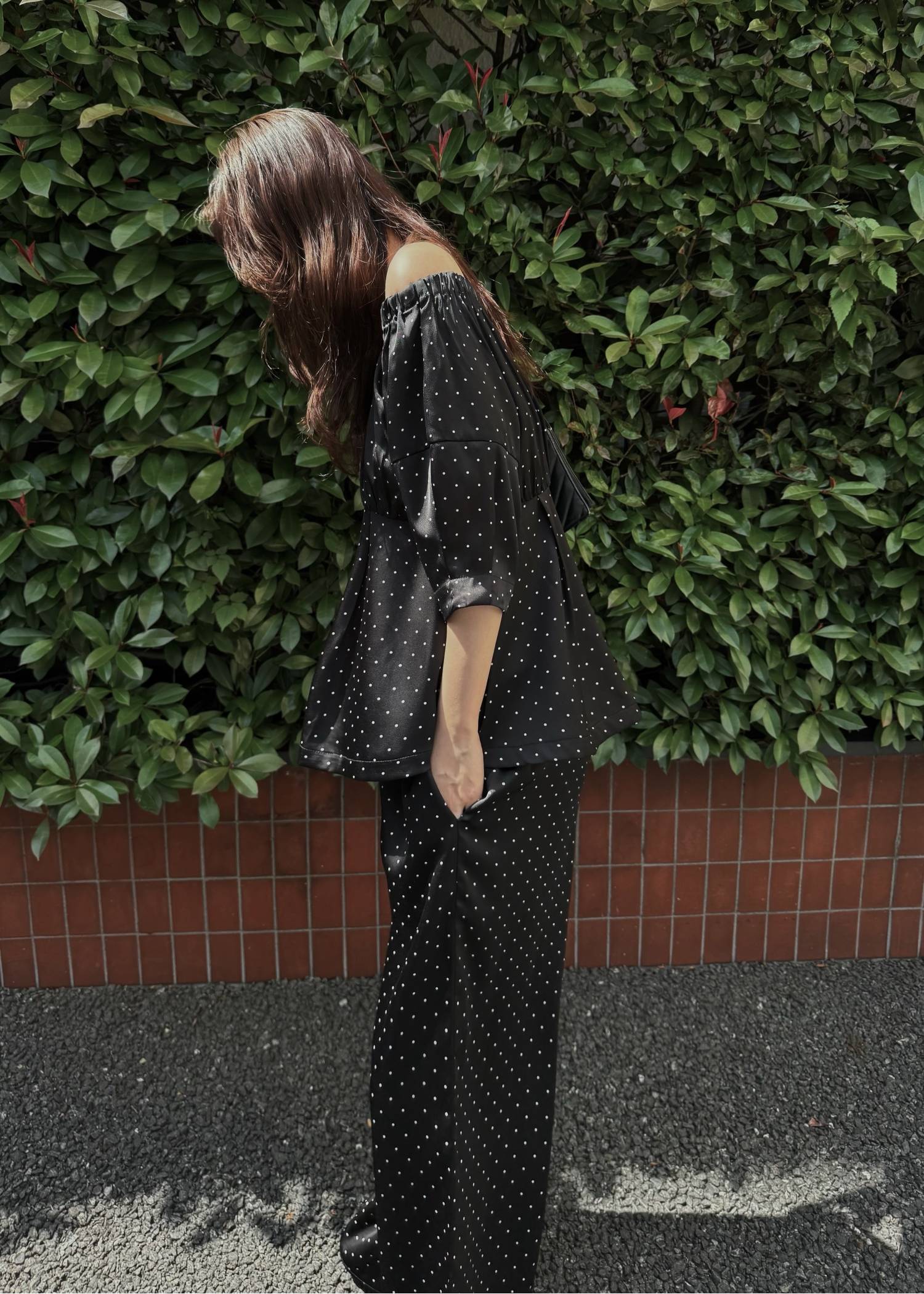 satin polka dot off shoulder lantern sleeve BL