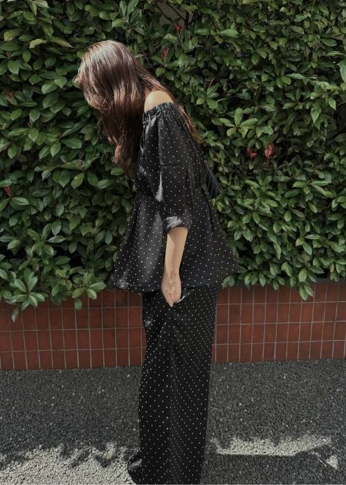 satin polka dot off shoulder lantern sleeve BL