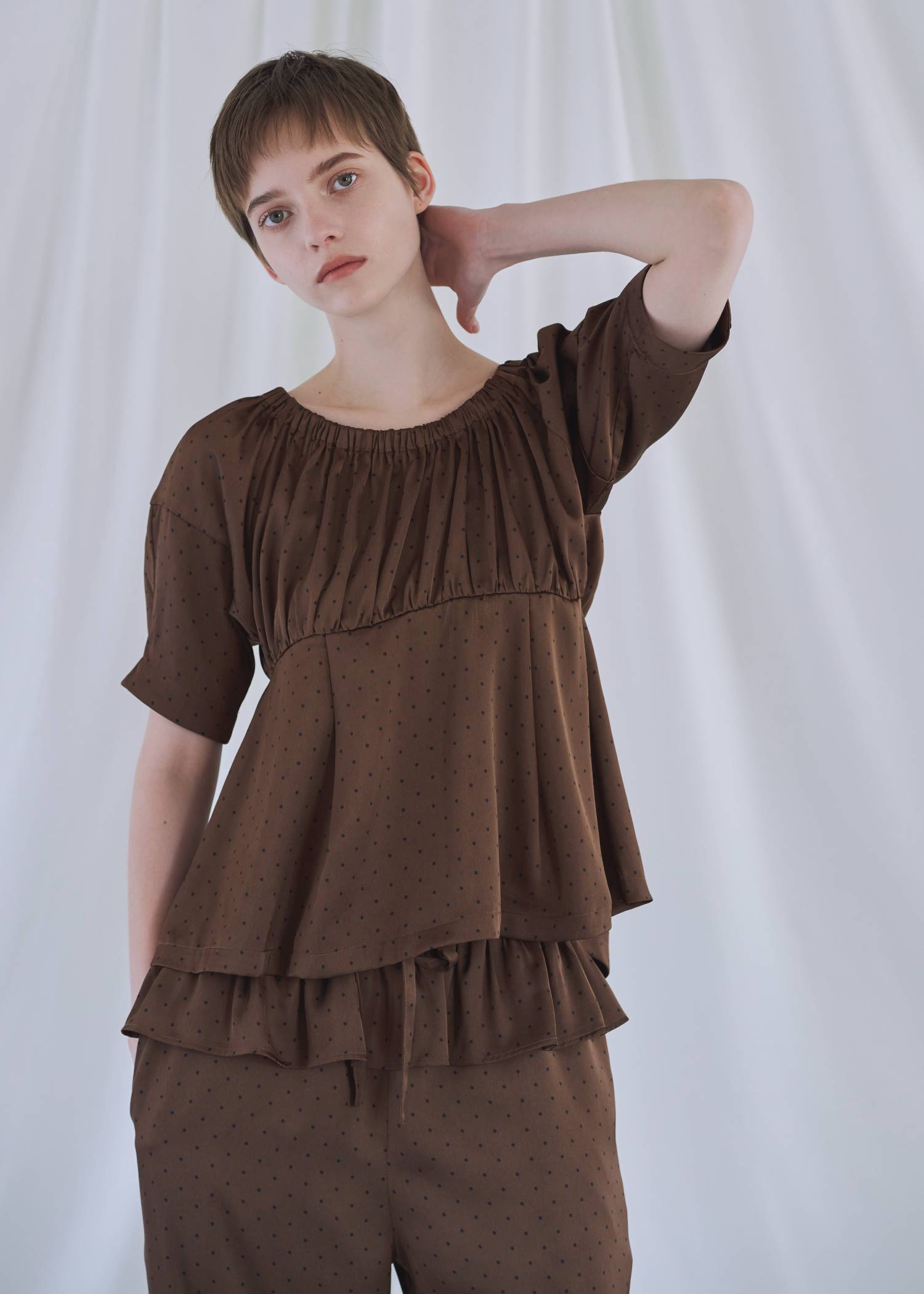 satin polka dot off shoulder lantern sleeve BL
