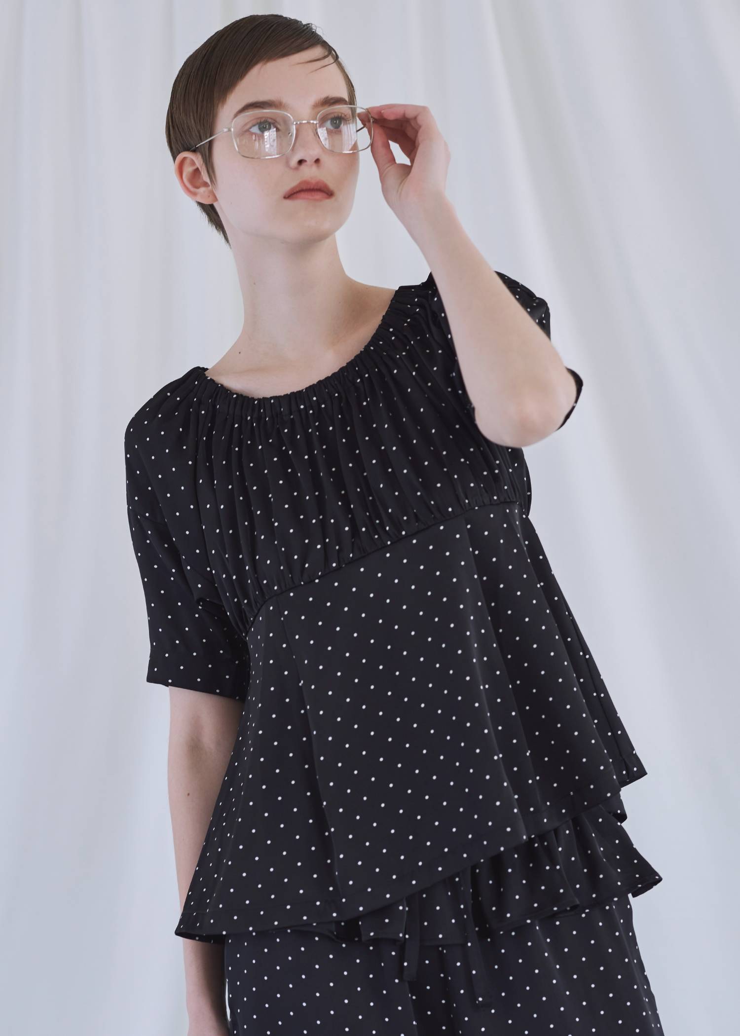 satin polka dot off shoulder lantern sleeve BL