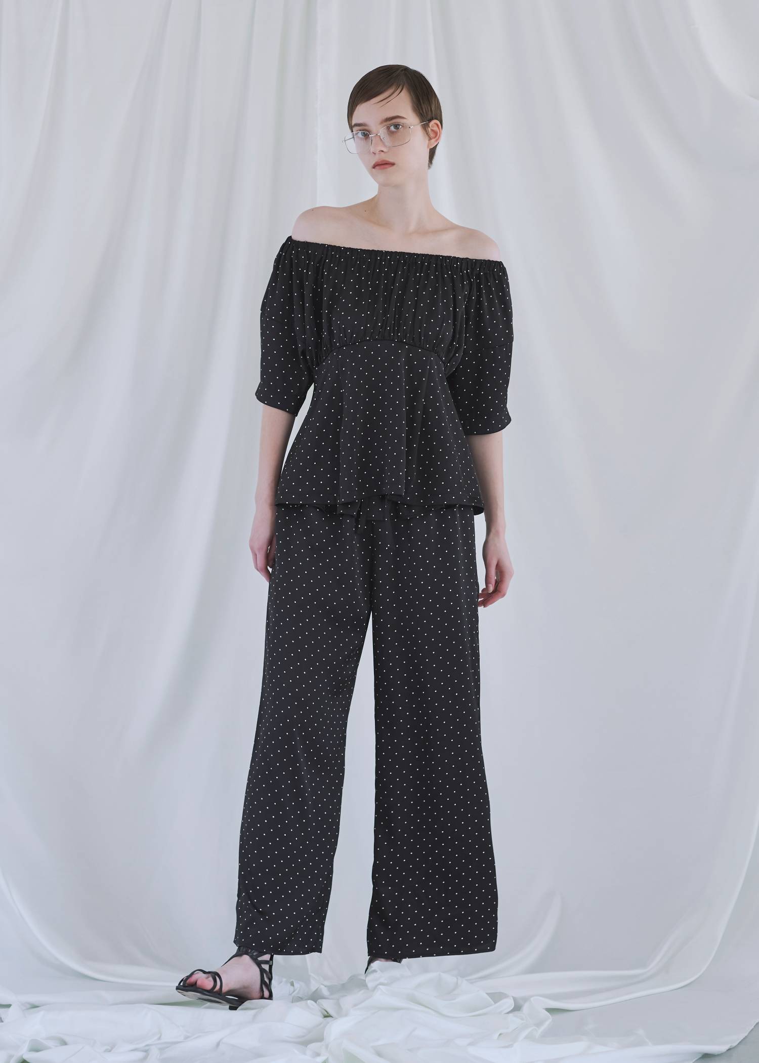 satin polka dot off shoulder lantern sleeve BL