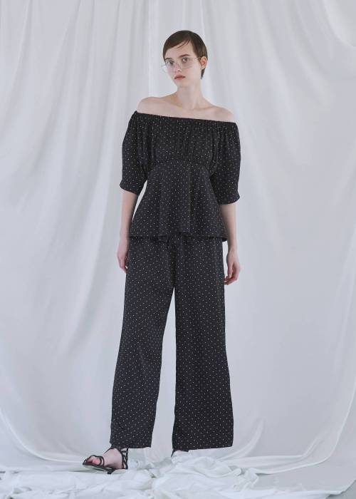 satin polka dot off shoulder lantern sleeve BL