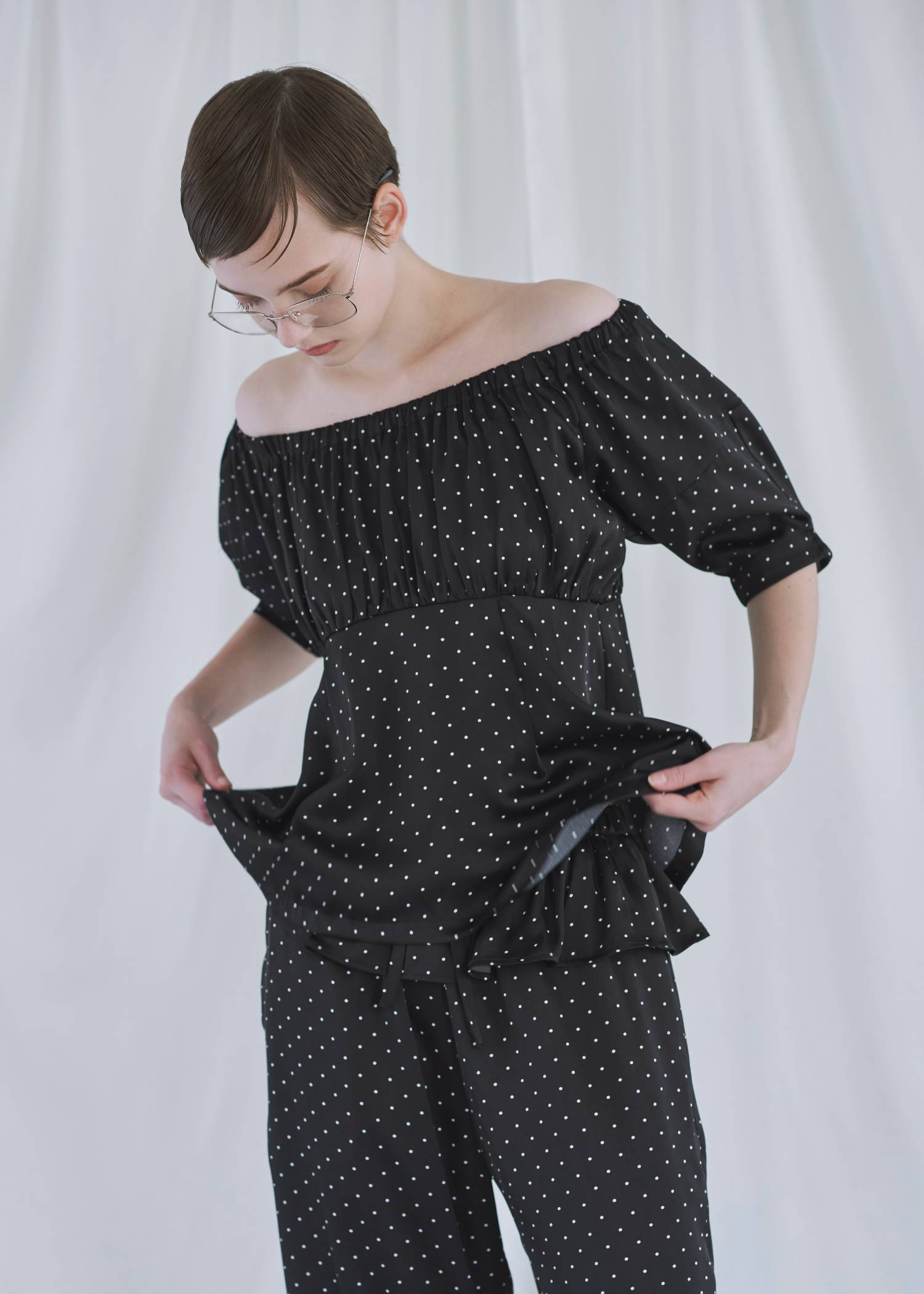 satin polka dot off shoulder lantern sleeve BL