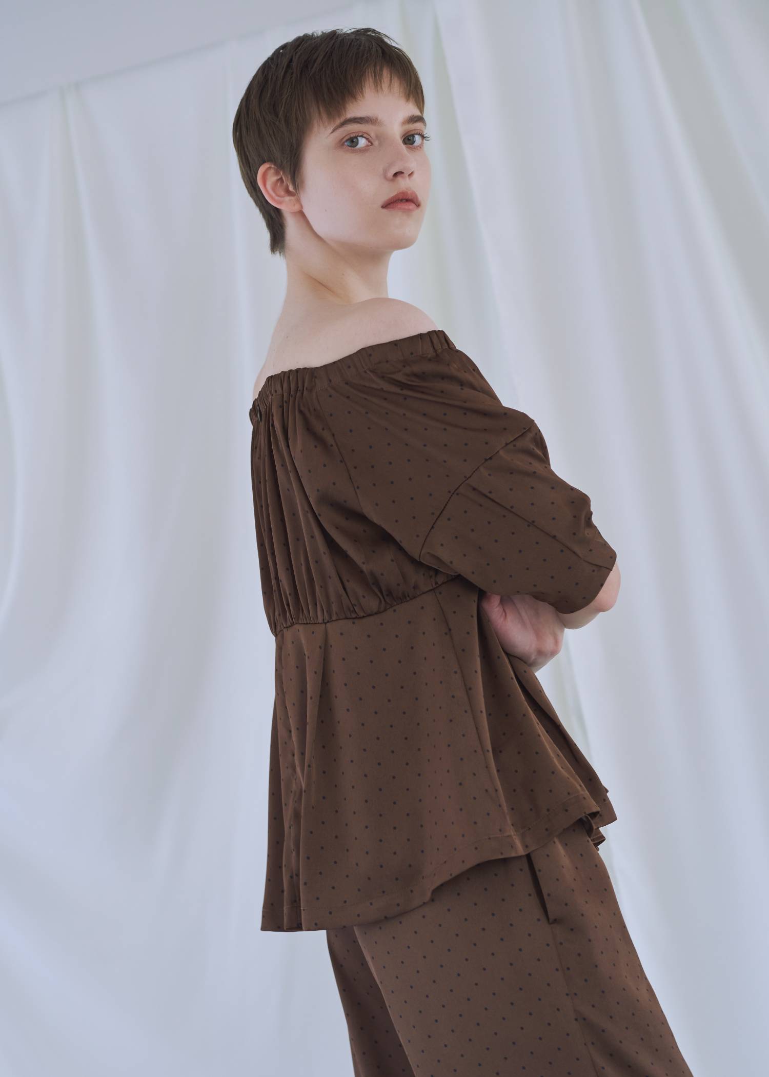 satin polka dot off shoulder lantern sleeve BL