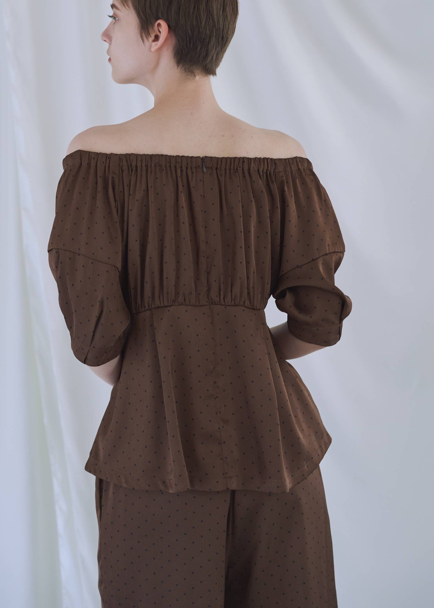 satin polka dot off shoulder lantern sleeve BL