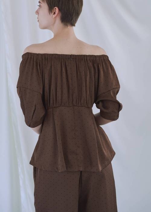 satin polka dot off shoulder lantern sleeve BL