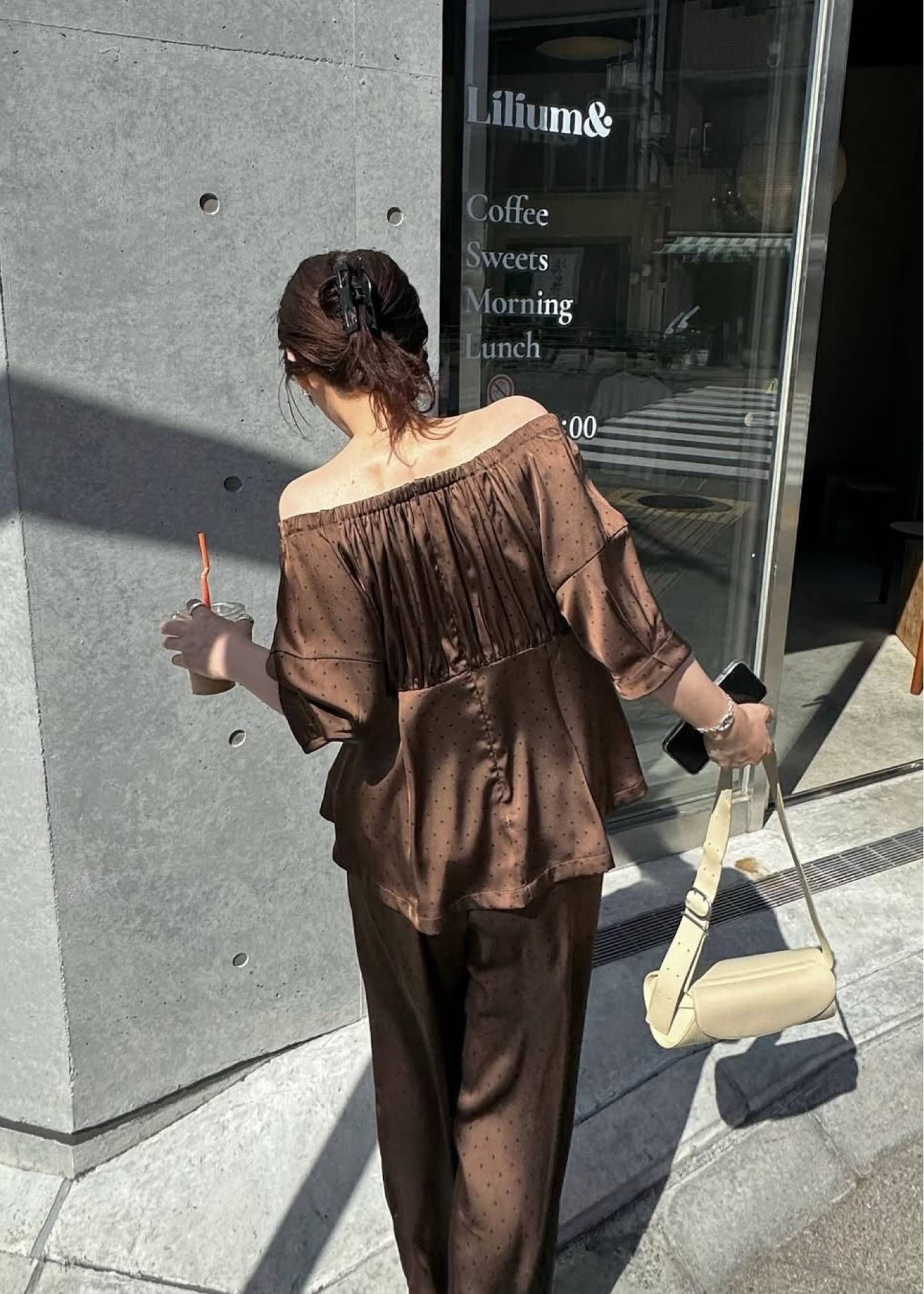 satin polka dot off shoulder lantern sleeve BL