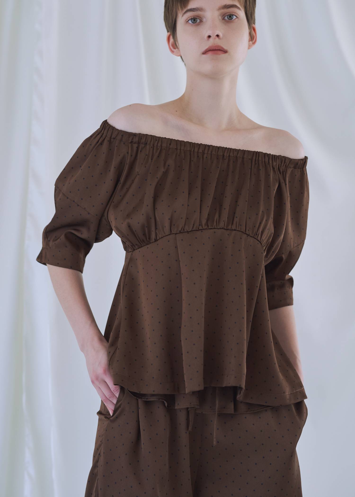 satin polka dot off shoulder lantern sleeve BL