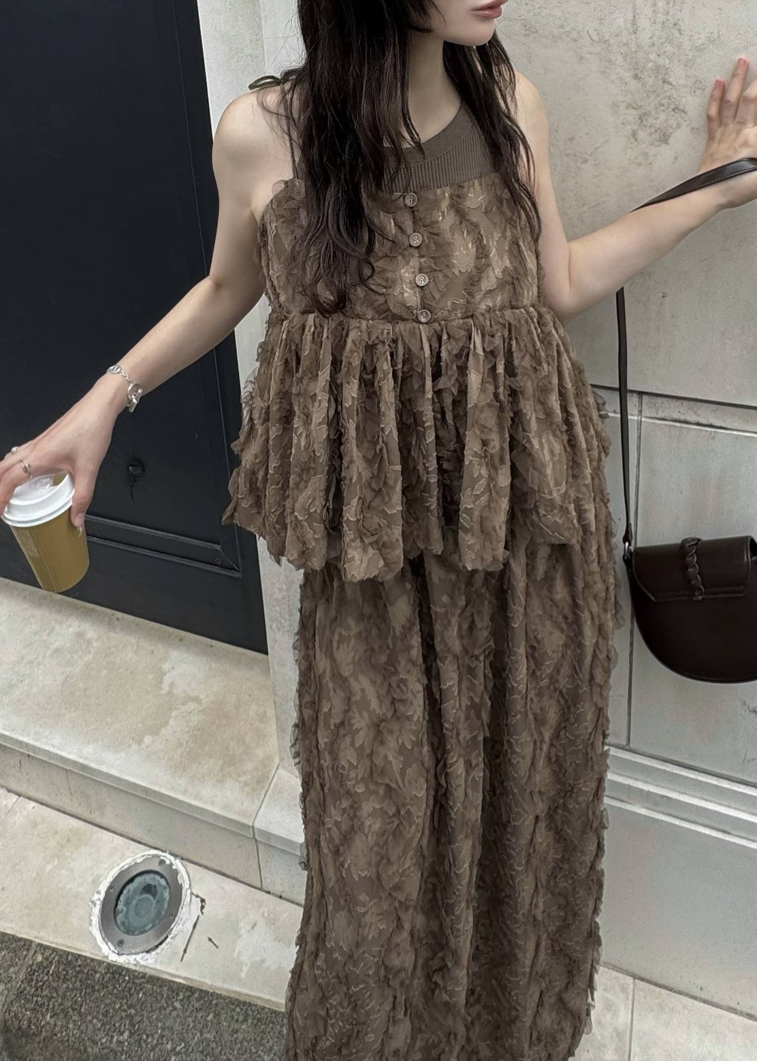 cut jacquard tulle gather camisole