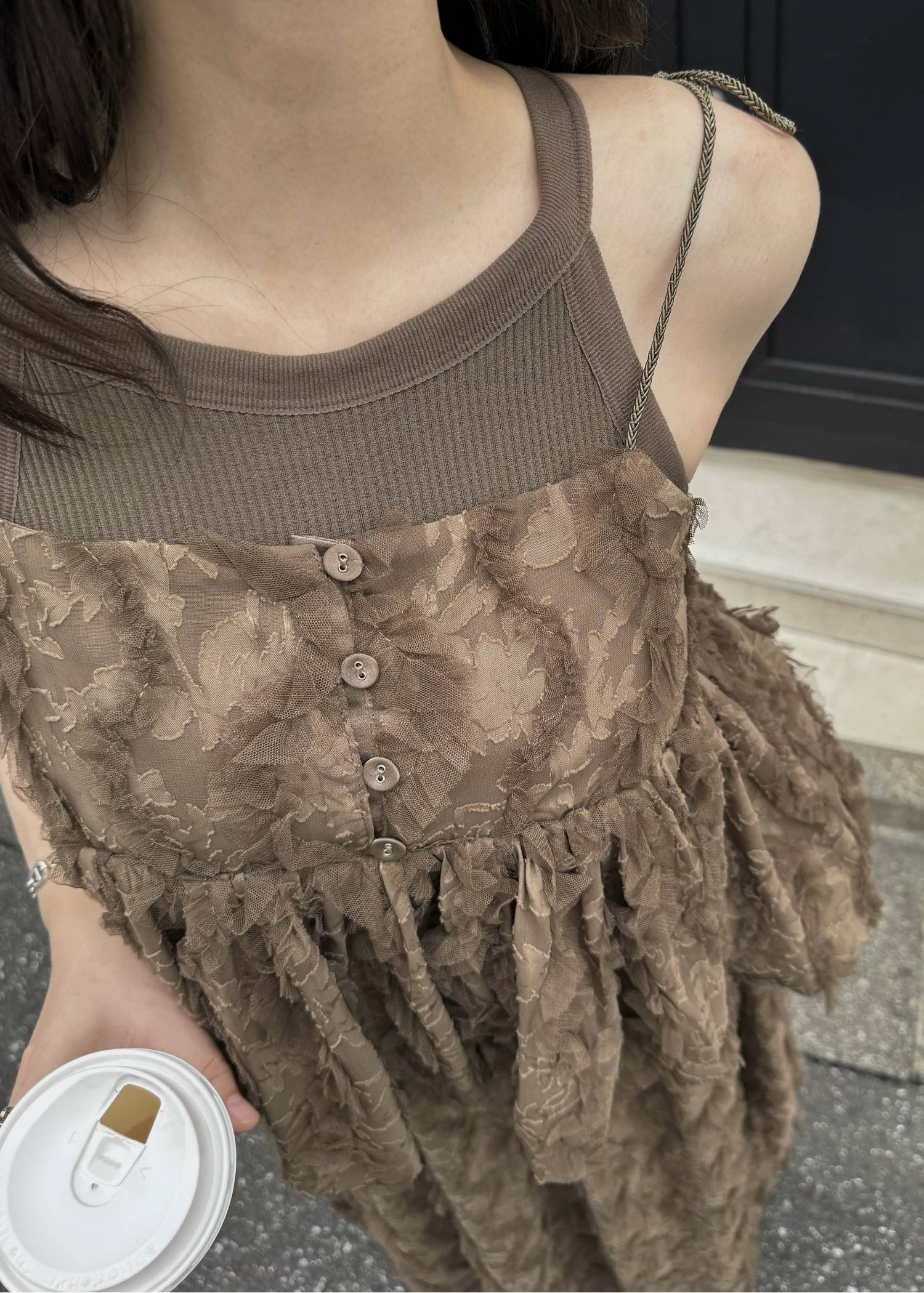 cut jacquard tulle gather camisole
