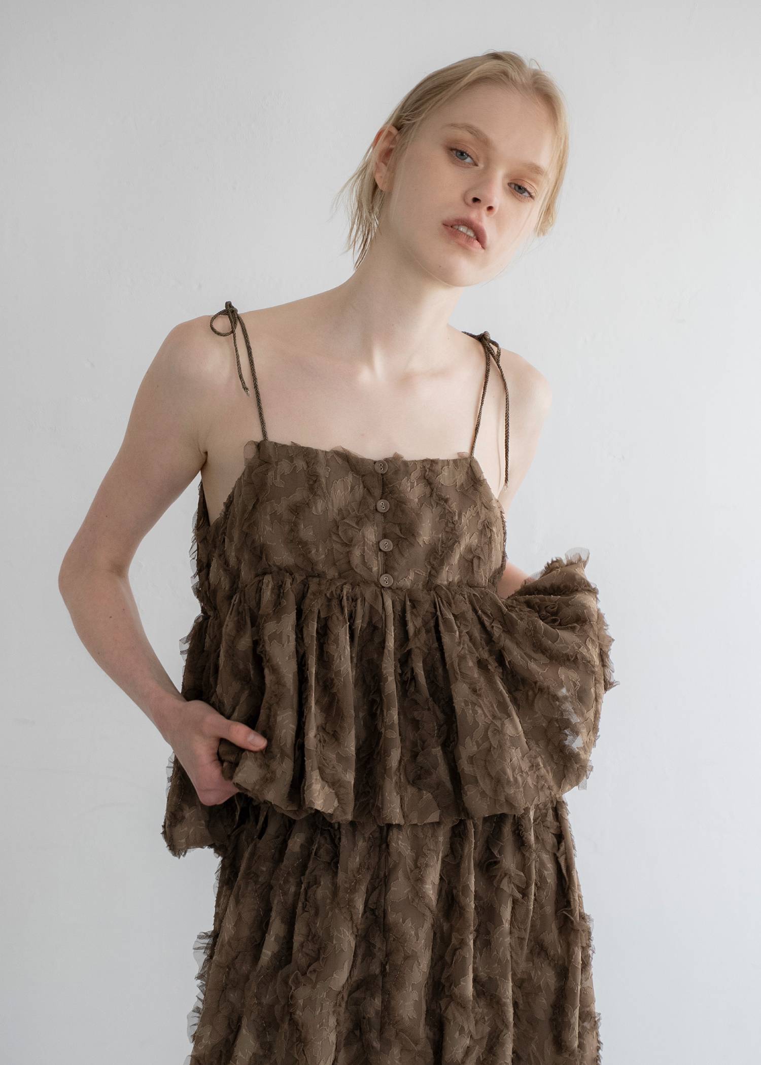 cut jacquard tulle gather camisole