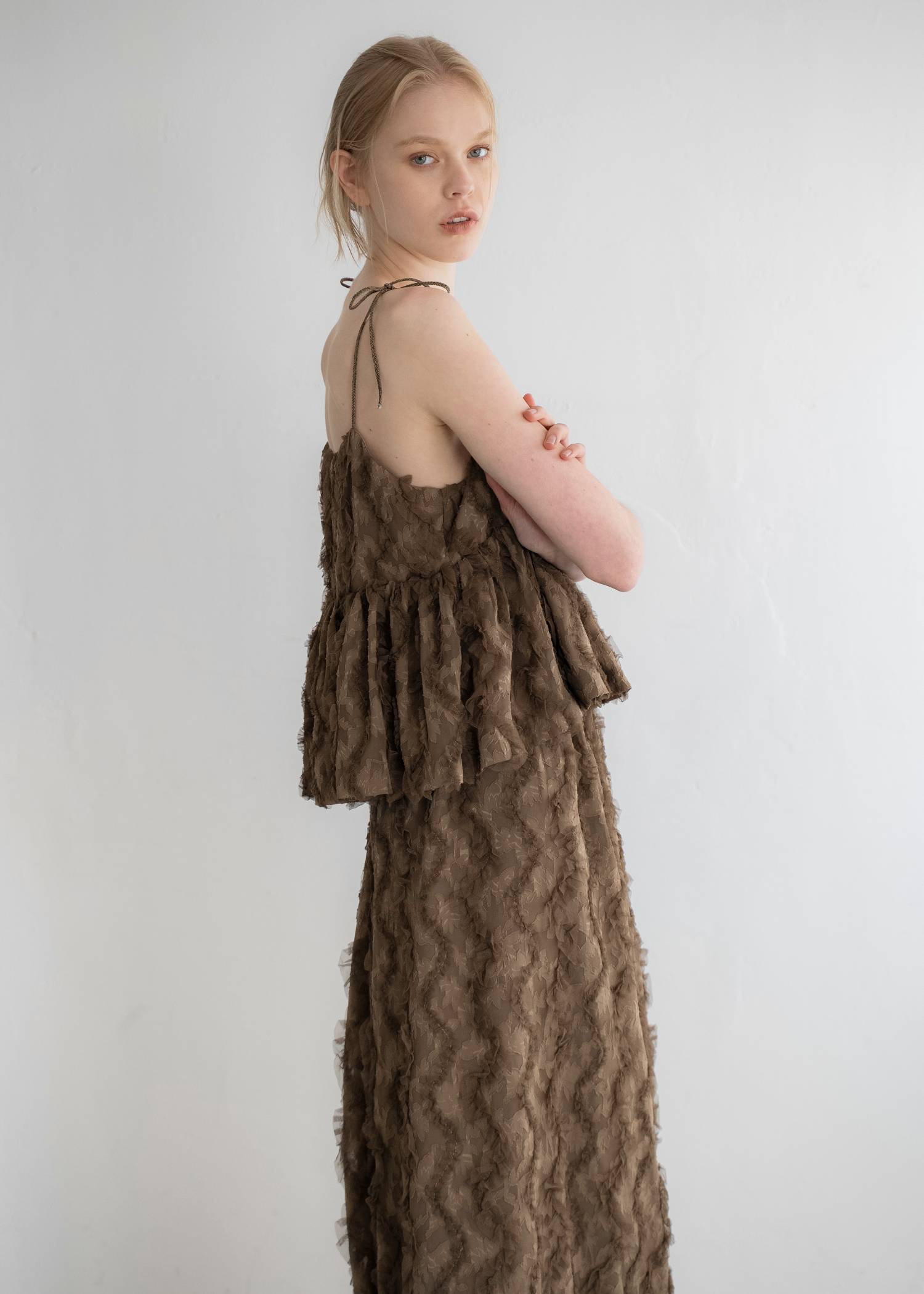 cut jacquard tulle gather camisole