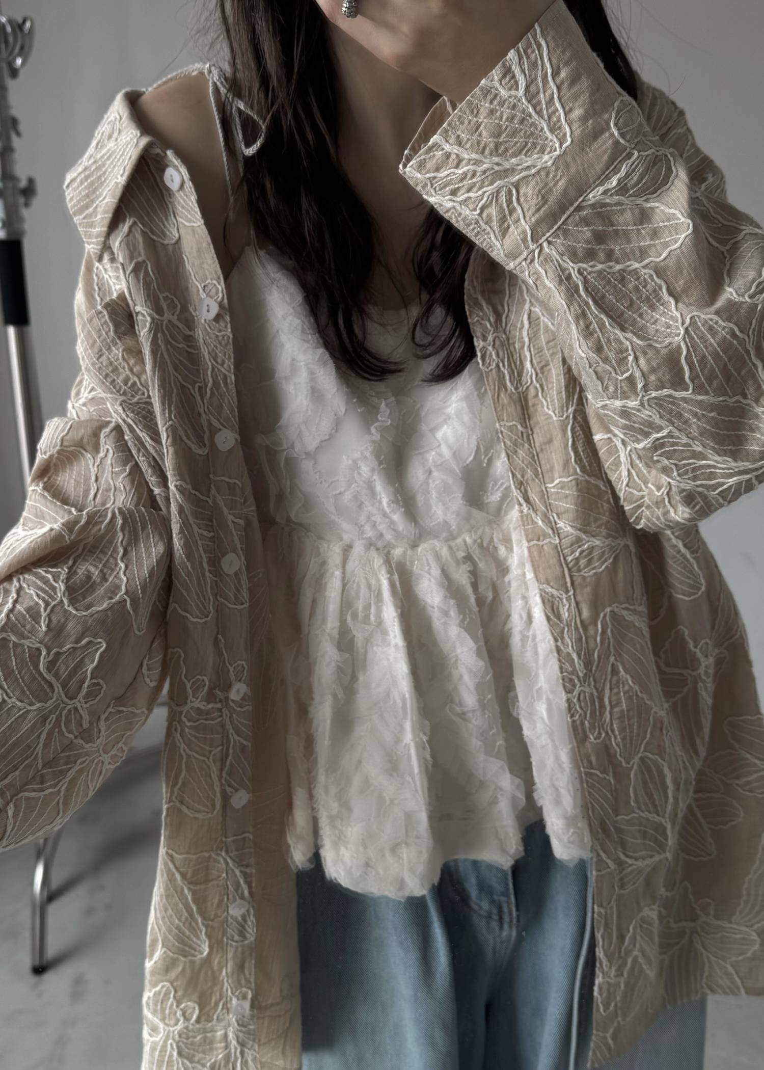 cut jacquard tulle gather camisole