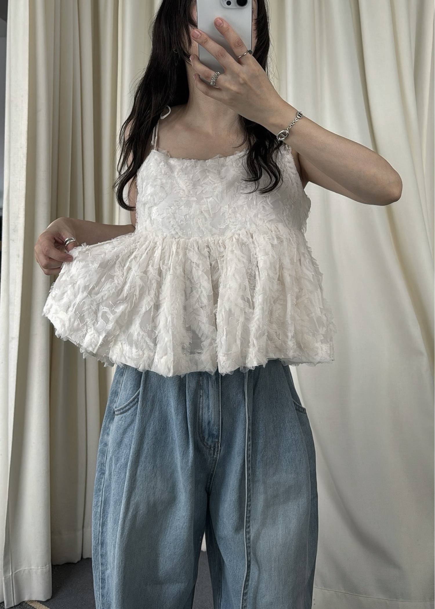 cut jacquard tulle gather camisole