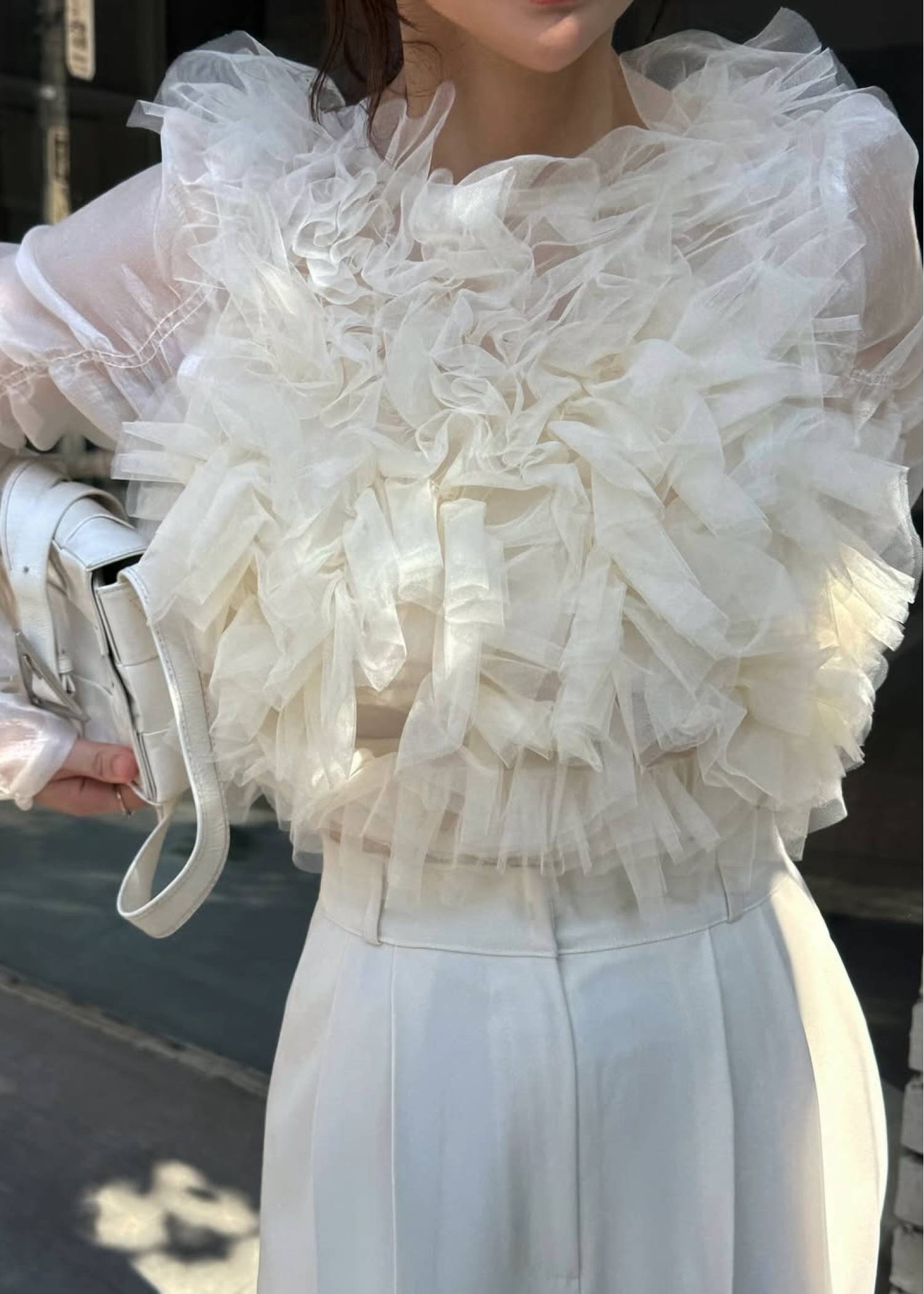 random gather tulle vest sheer blouse SET