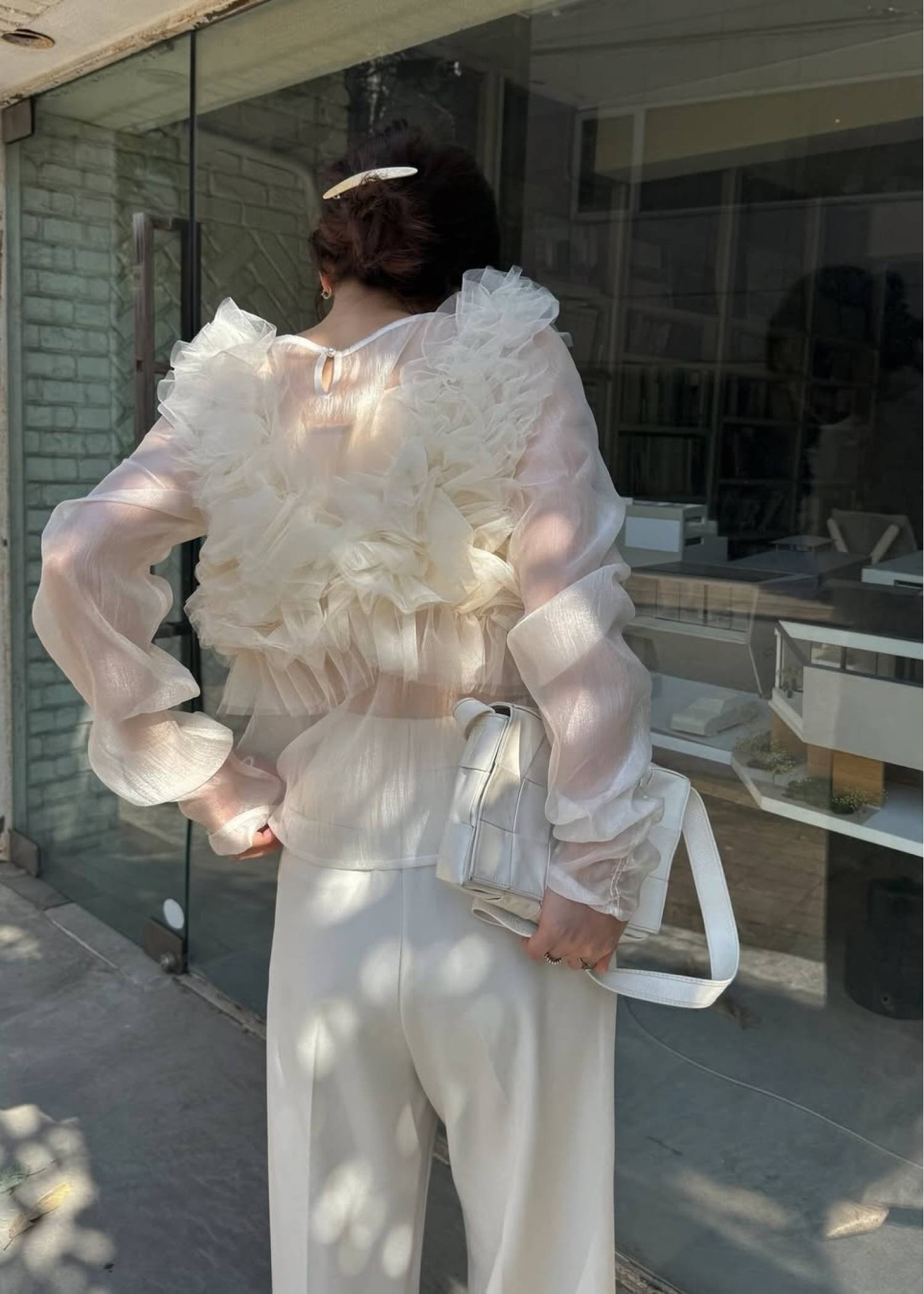 random gather tulle vest sheer blouse SET