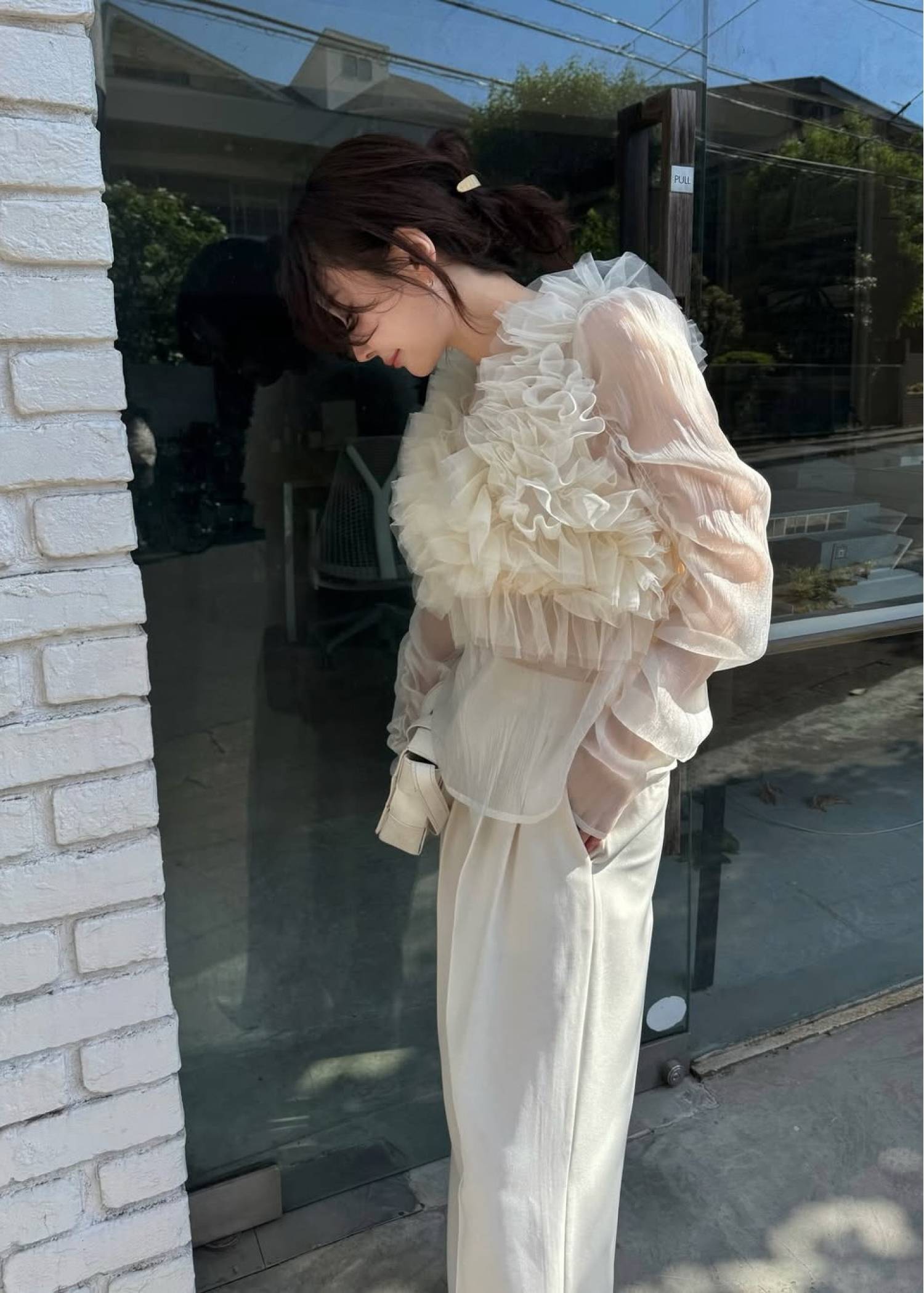 random gather tulle vest sheer blouse SET