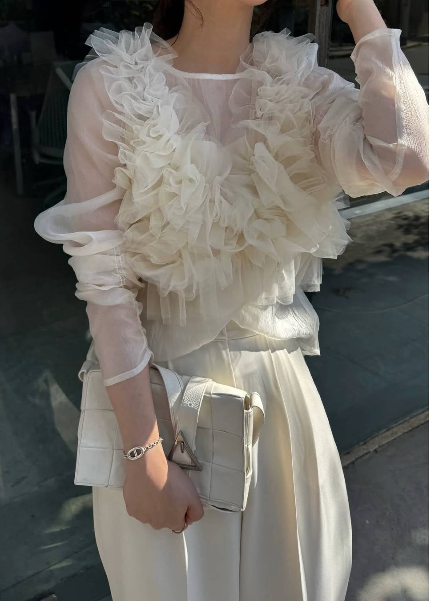 random gather tulle vest sheer blouse SET