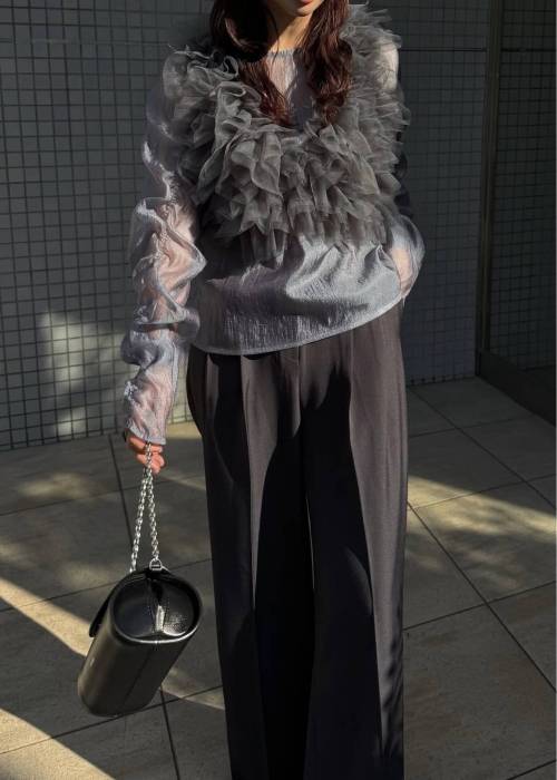 random gather tulle vest sheer blouse SET