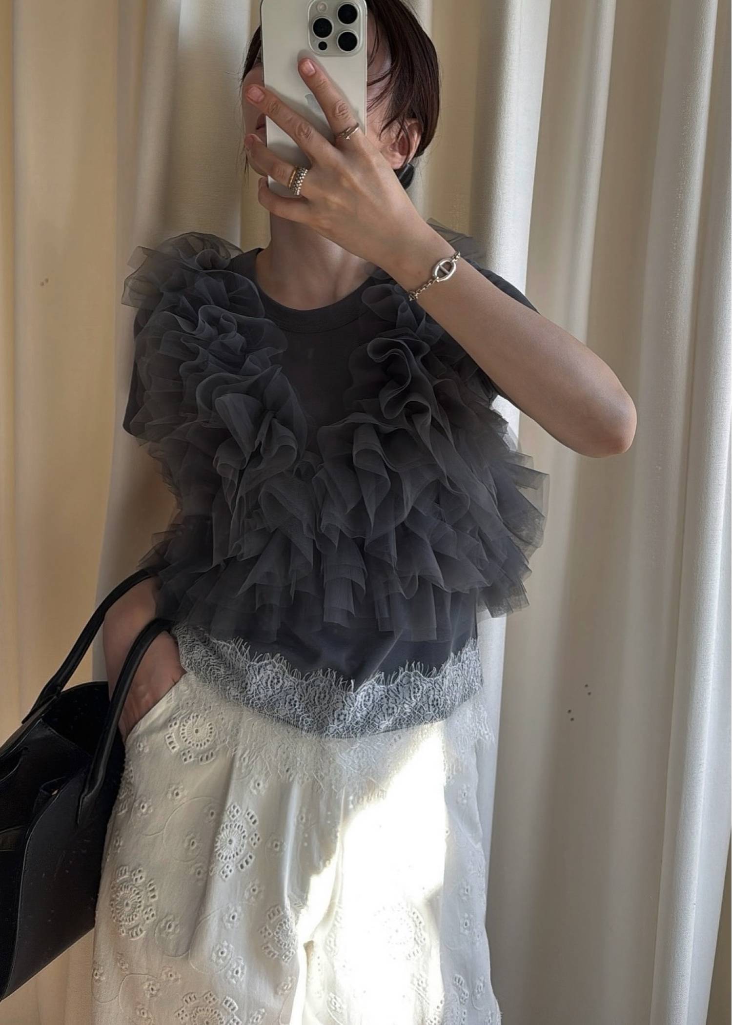 random gather tulle vest sheer blouse SET