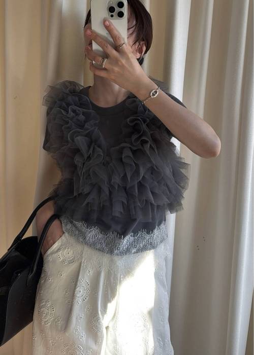 random gather tulle vest sheer blouse SET