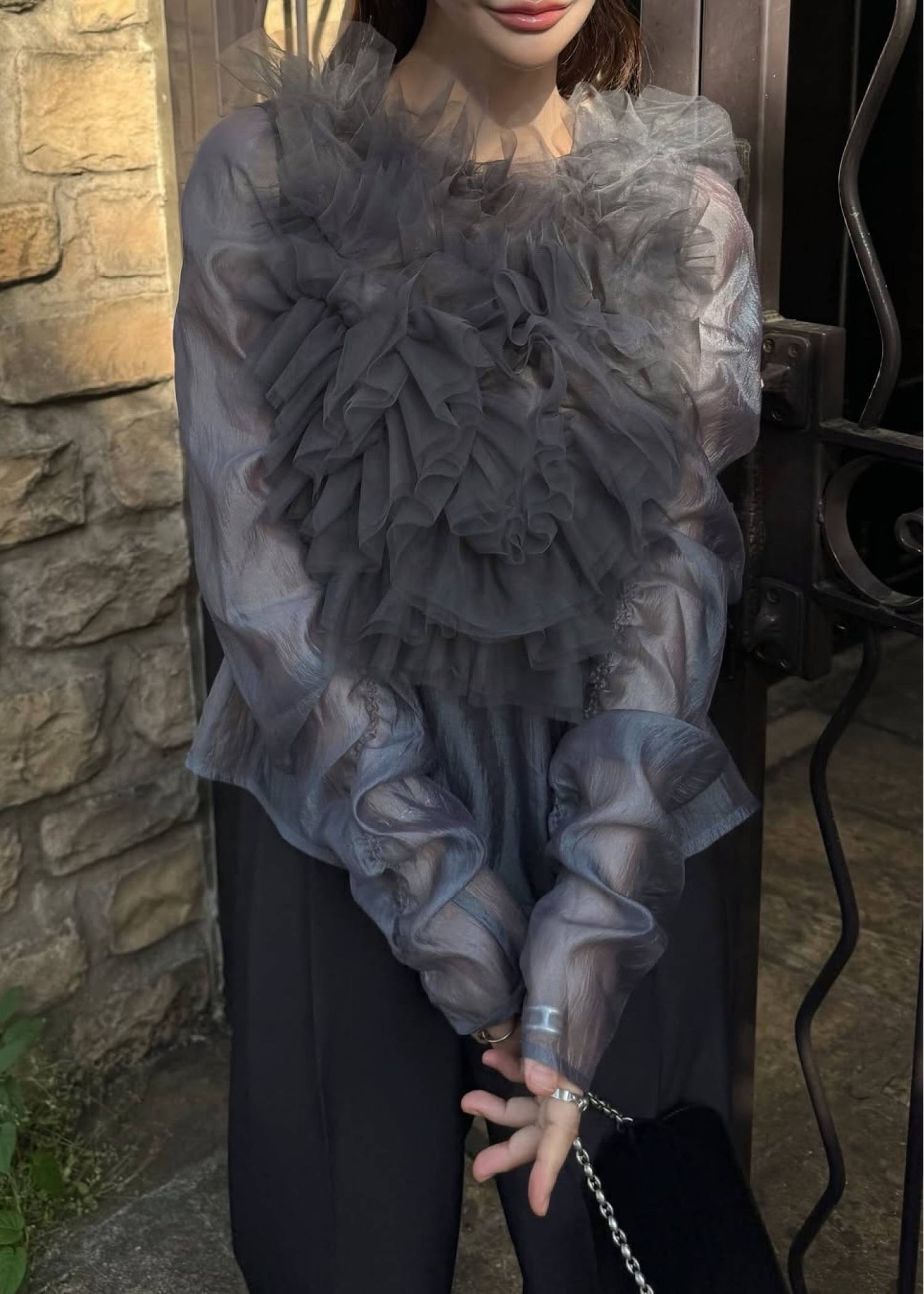 random gather tulle vest sheer blouse SET