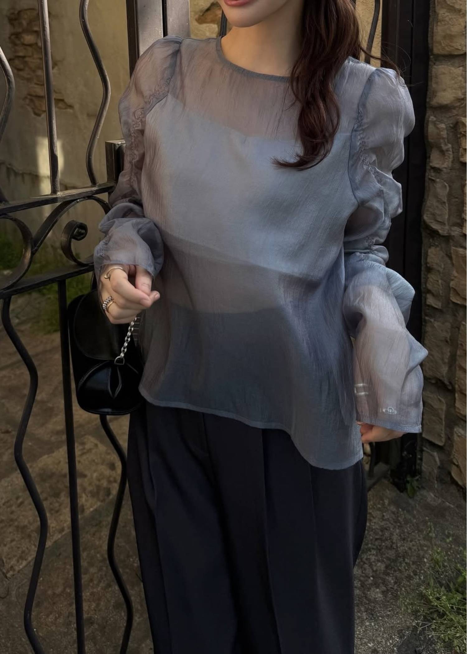 random gather tulle vest sheer blouse SET