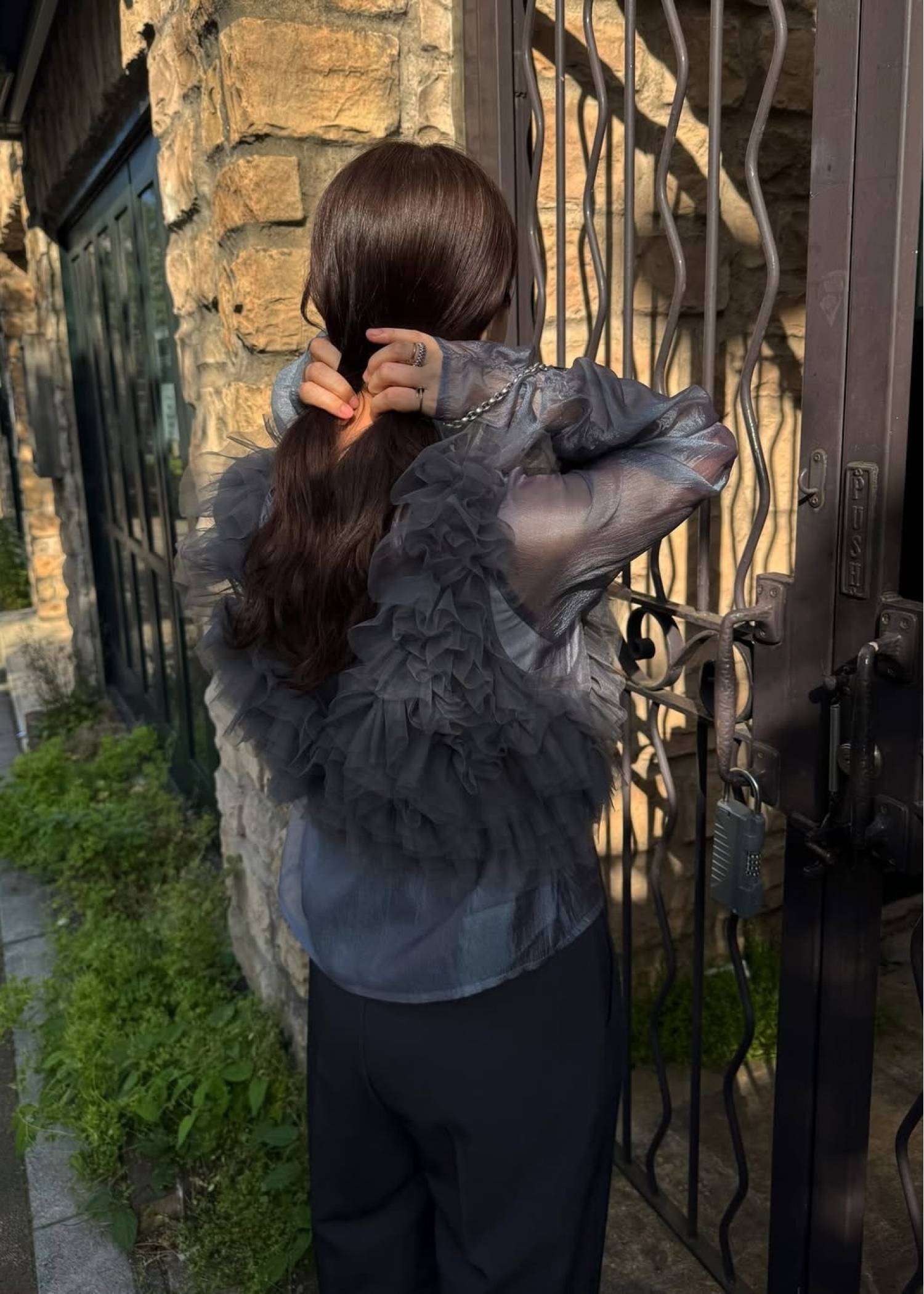 random gather tulle vest sheer blouse SET